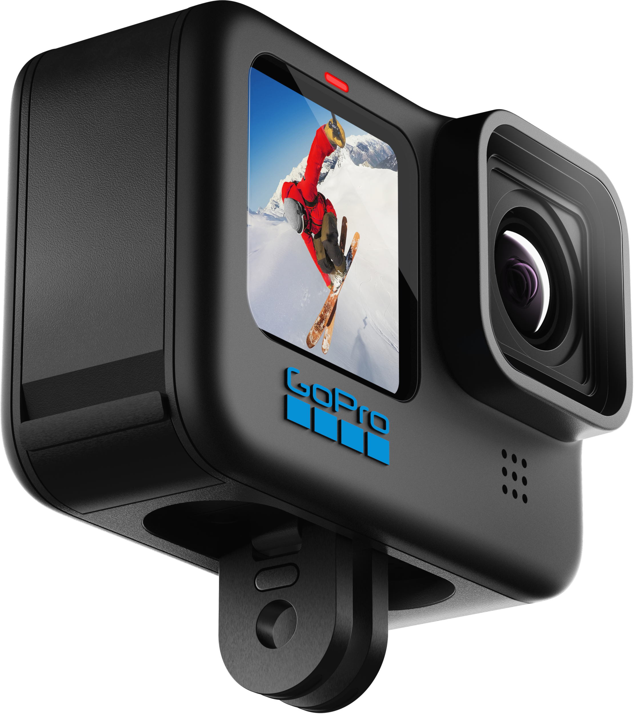 Eine schwarze GoPro-Kamera mit einem Bildschirm, der einen Skifahrer zeigt, auf weißem Hintergrund.
