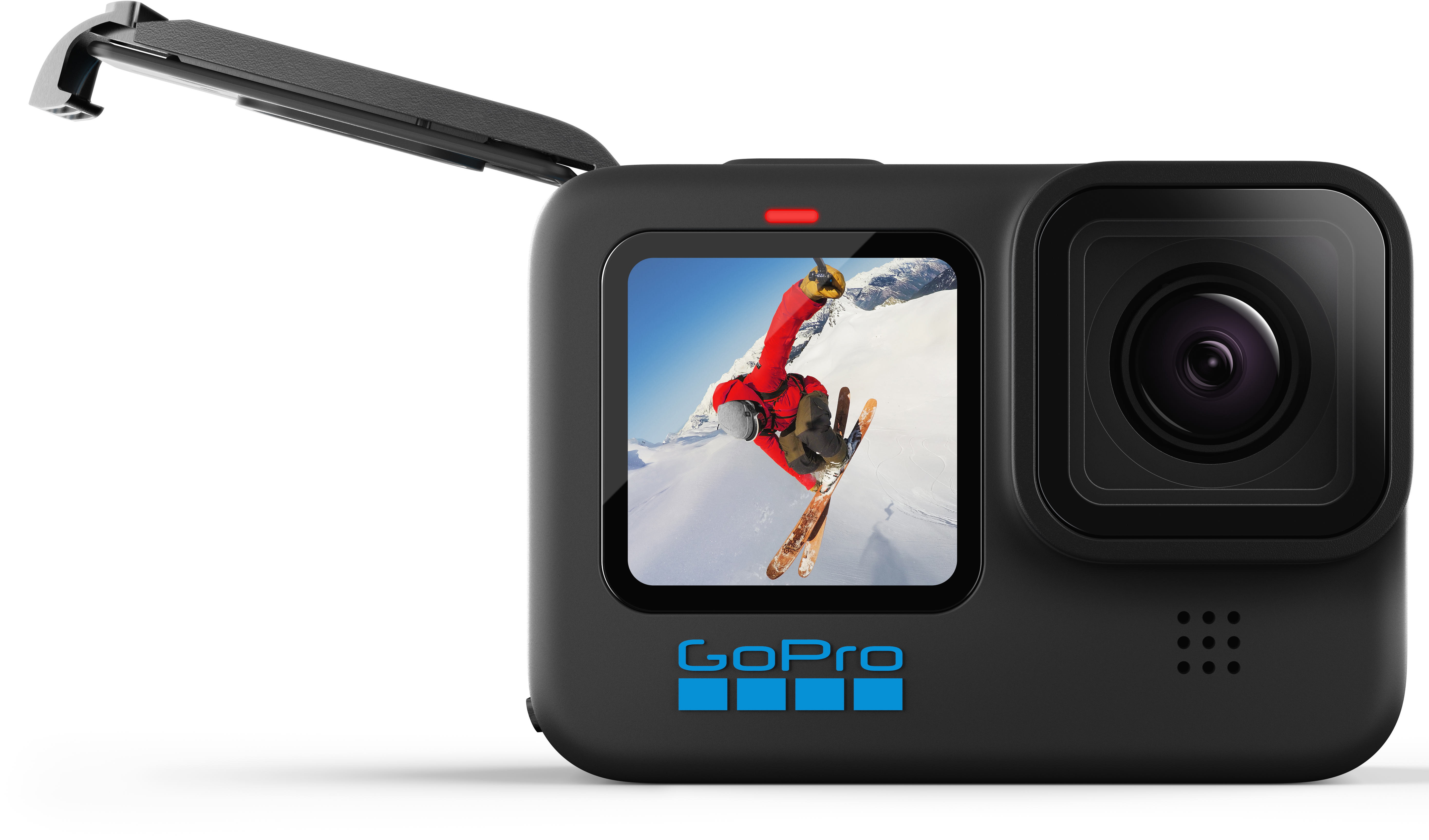 Schwarze GoPro Kamera. Bildschirm zeigt Skifahrer. Offener Haltegurt. Linse und Knöpfe sichtbar.
