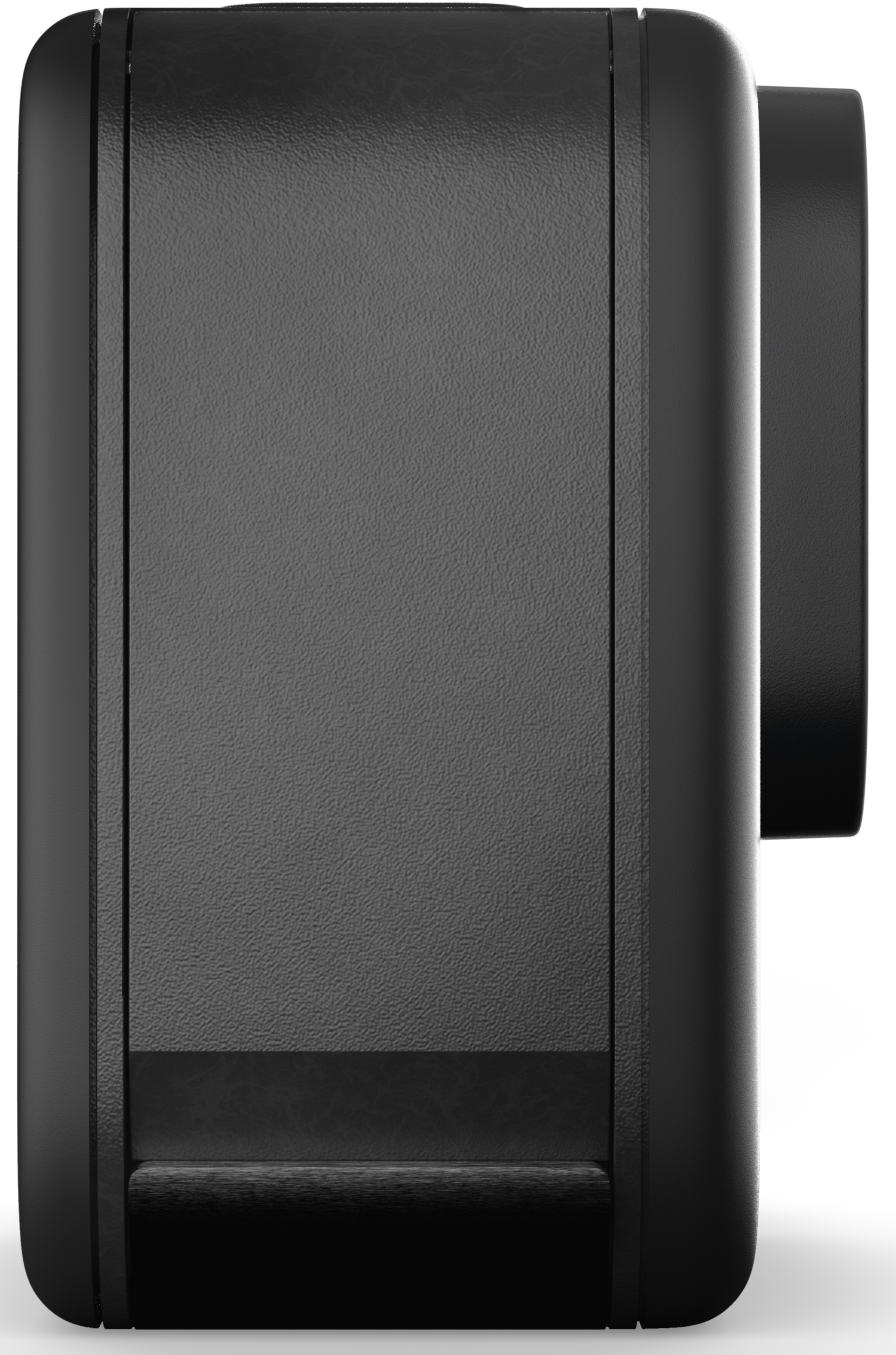 Schwarze Kamera-Seitenansicht mit Objektiv und Taste.