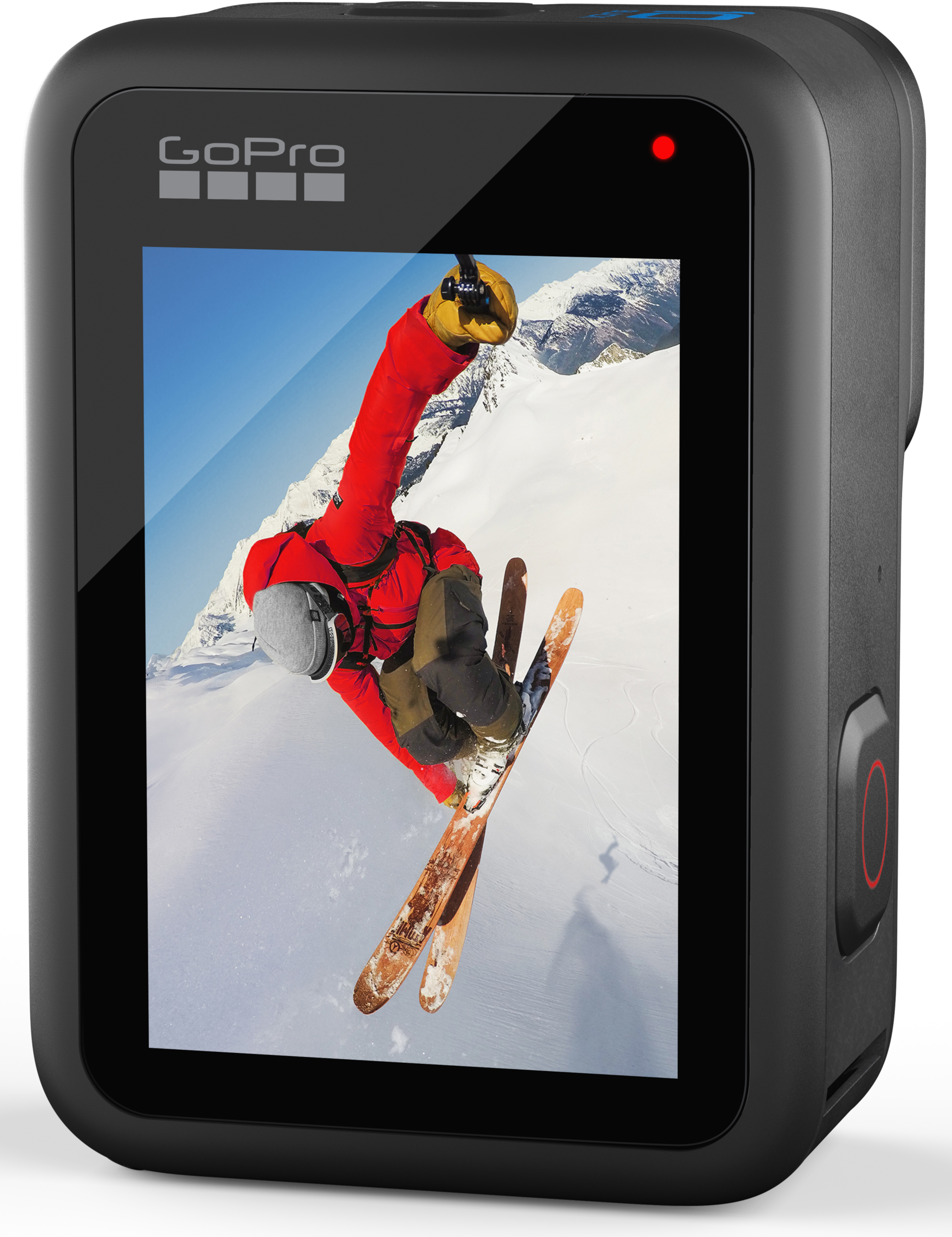 Schwarze GoPro-Kamera mit Bildschirm, der einen Skifahrer in Aktion zeigt, rotes Licht oben.
