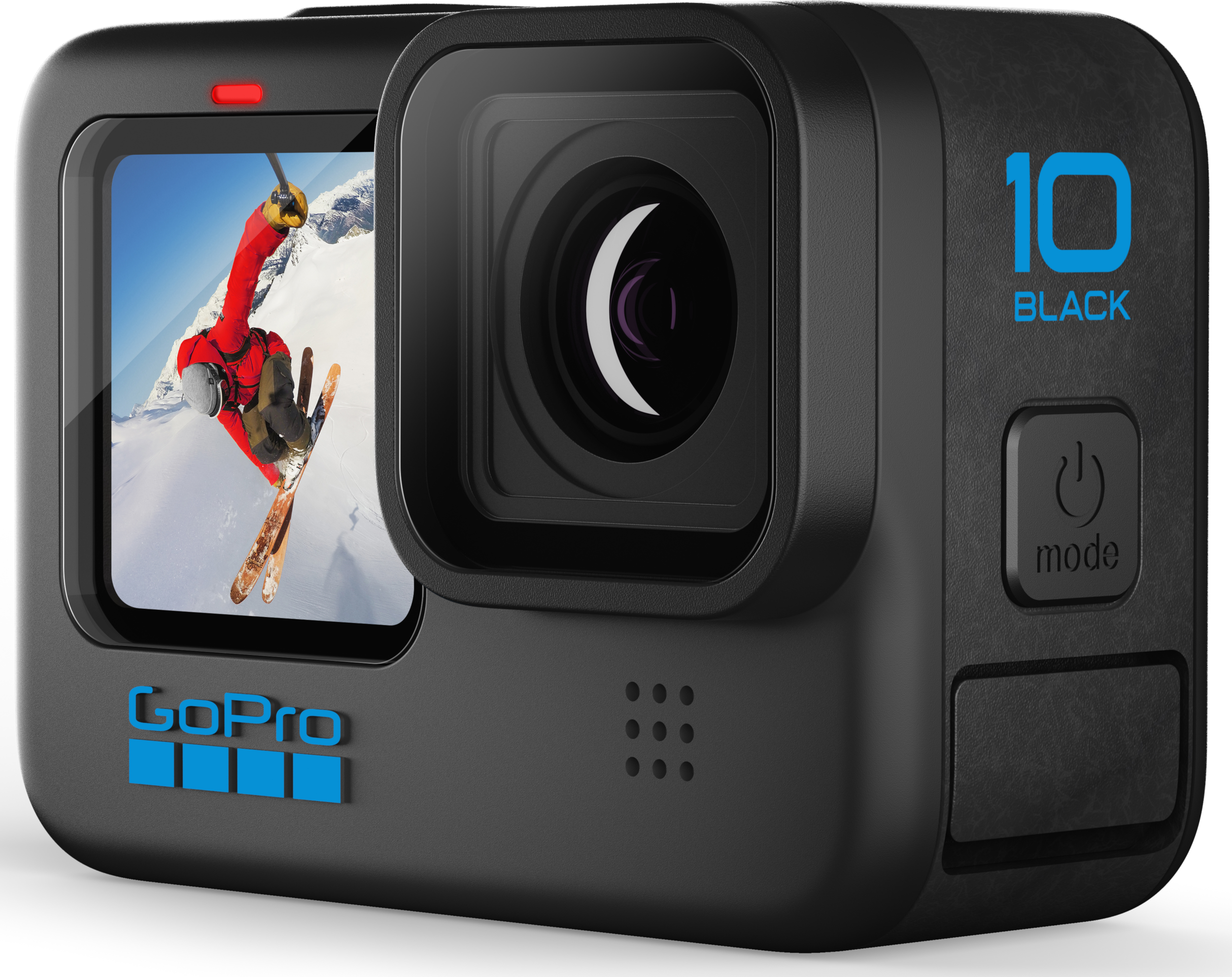 Eine schwarze GoPro-Kamera mit einem Bildschirm, der einen Skifahrer zeigt.