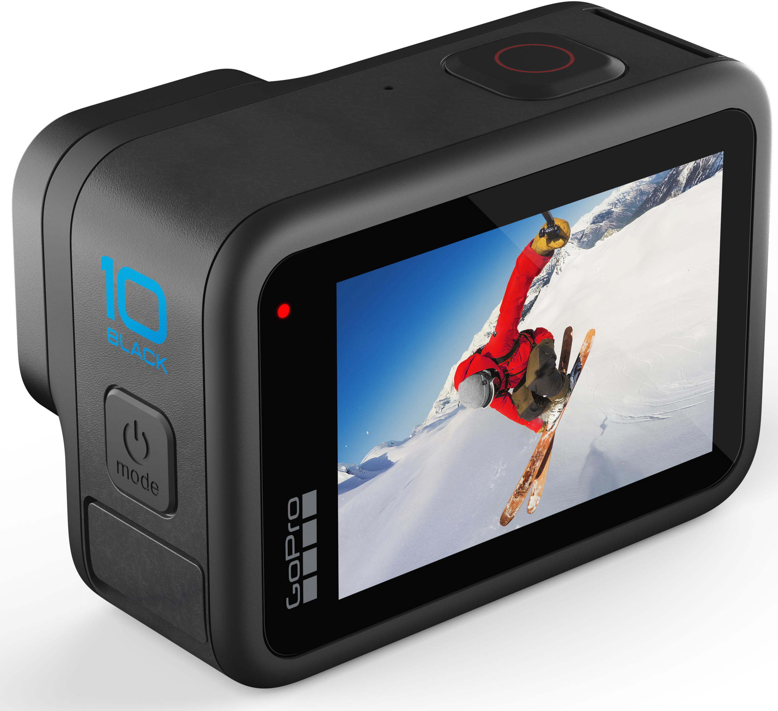 Schwarze GoPro-Kamera mit Bildschirm, der einen Skifahrer in roter Kleidung zeigt.