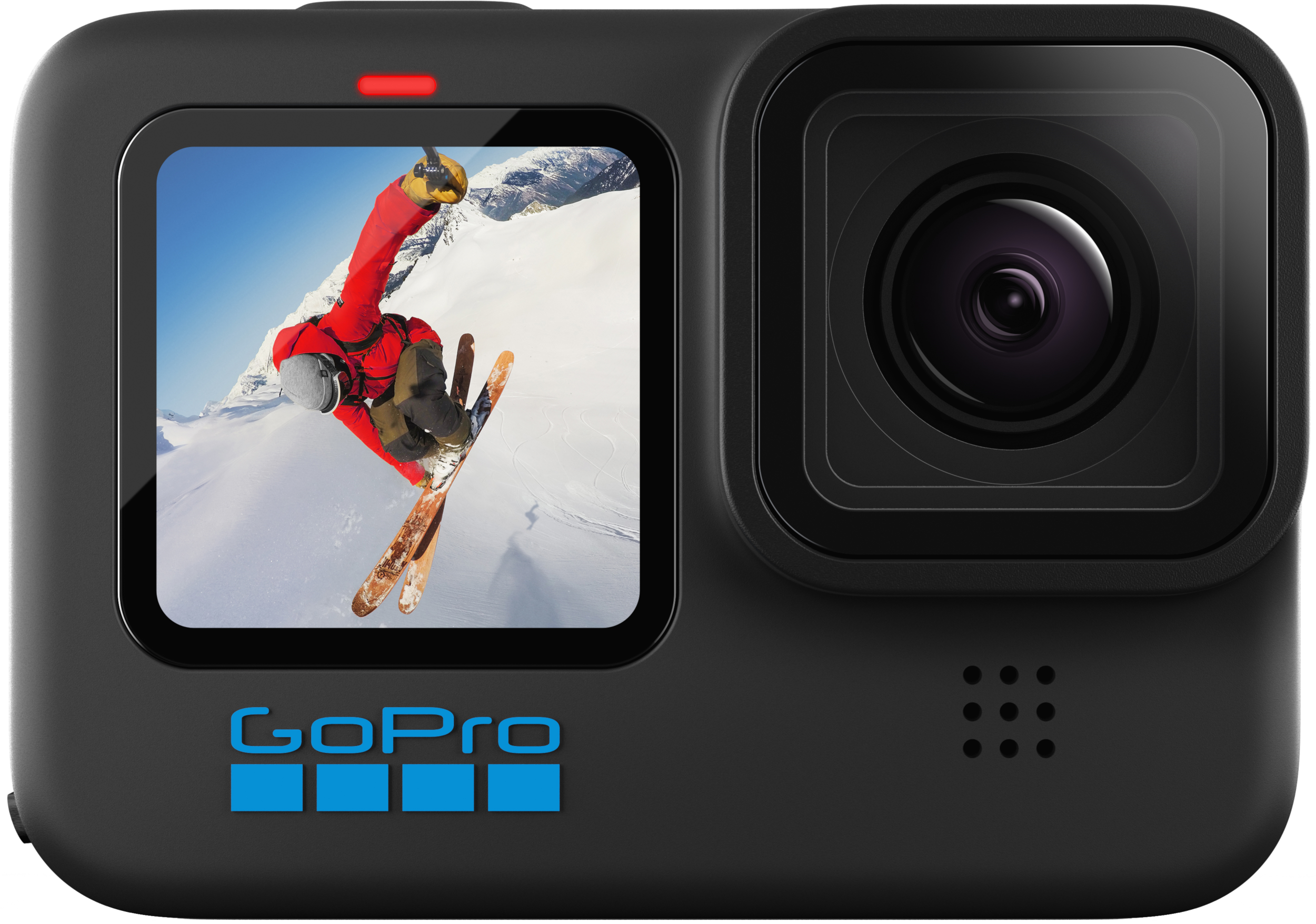 Eine schwarze GoPro-Kamera mit einem Bildschirm, der einen Skifahrer in Aktion zeigt, mit dem GoPro-Logo.