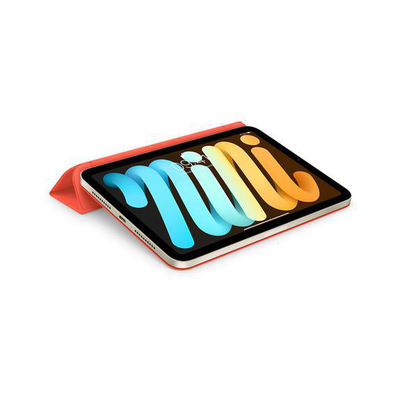 Mini-Tablet mit farbenfrohem Bildschirm, in einer orangen Hülle.