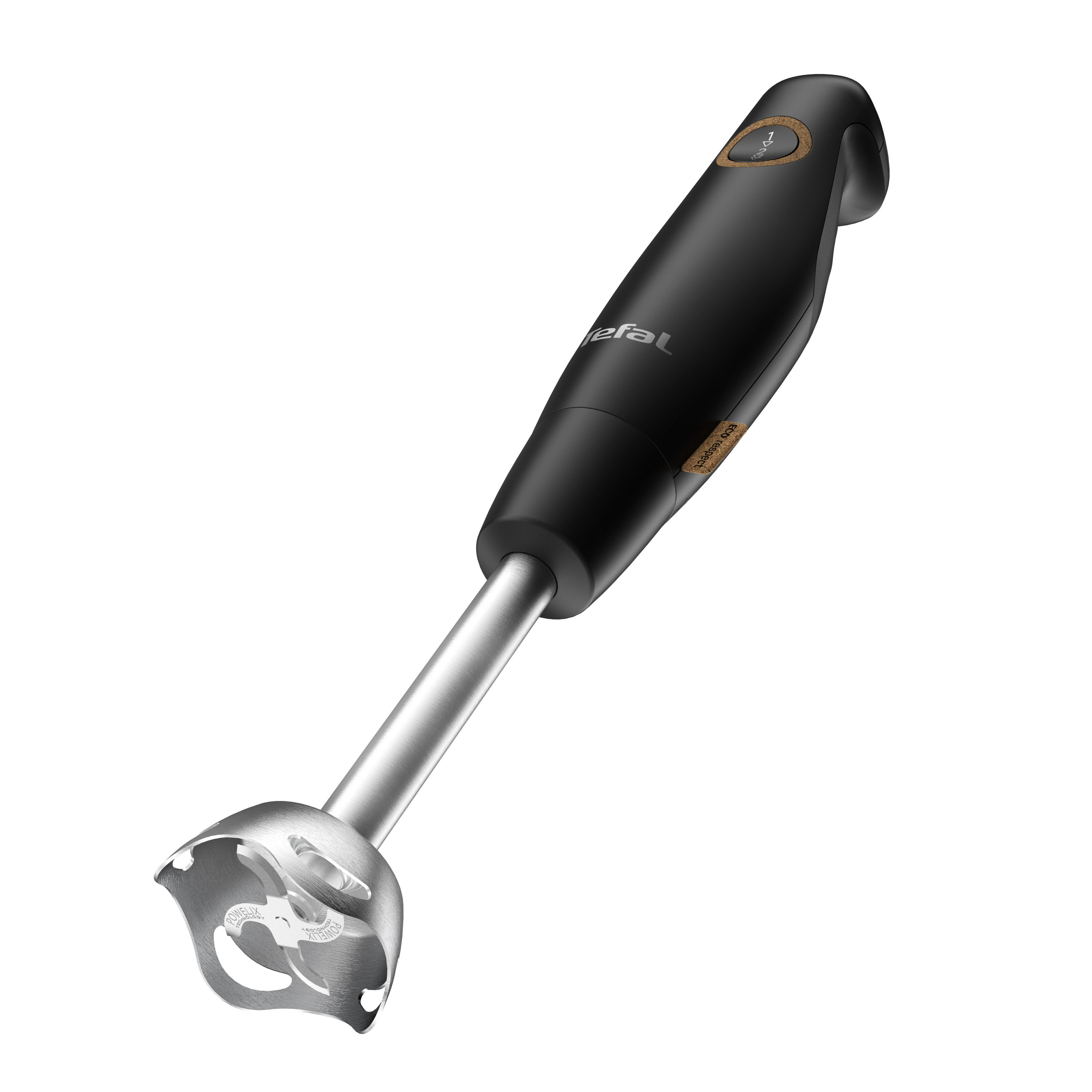 Tefal Stabmixer. Schwarz, mit silbernem Mixschaft. Winkelaufnahme.