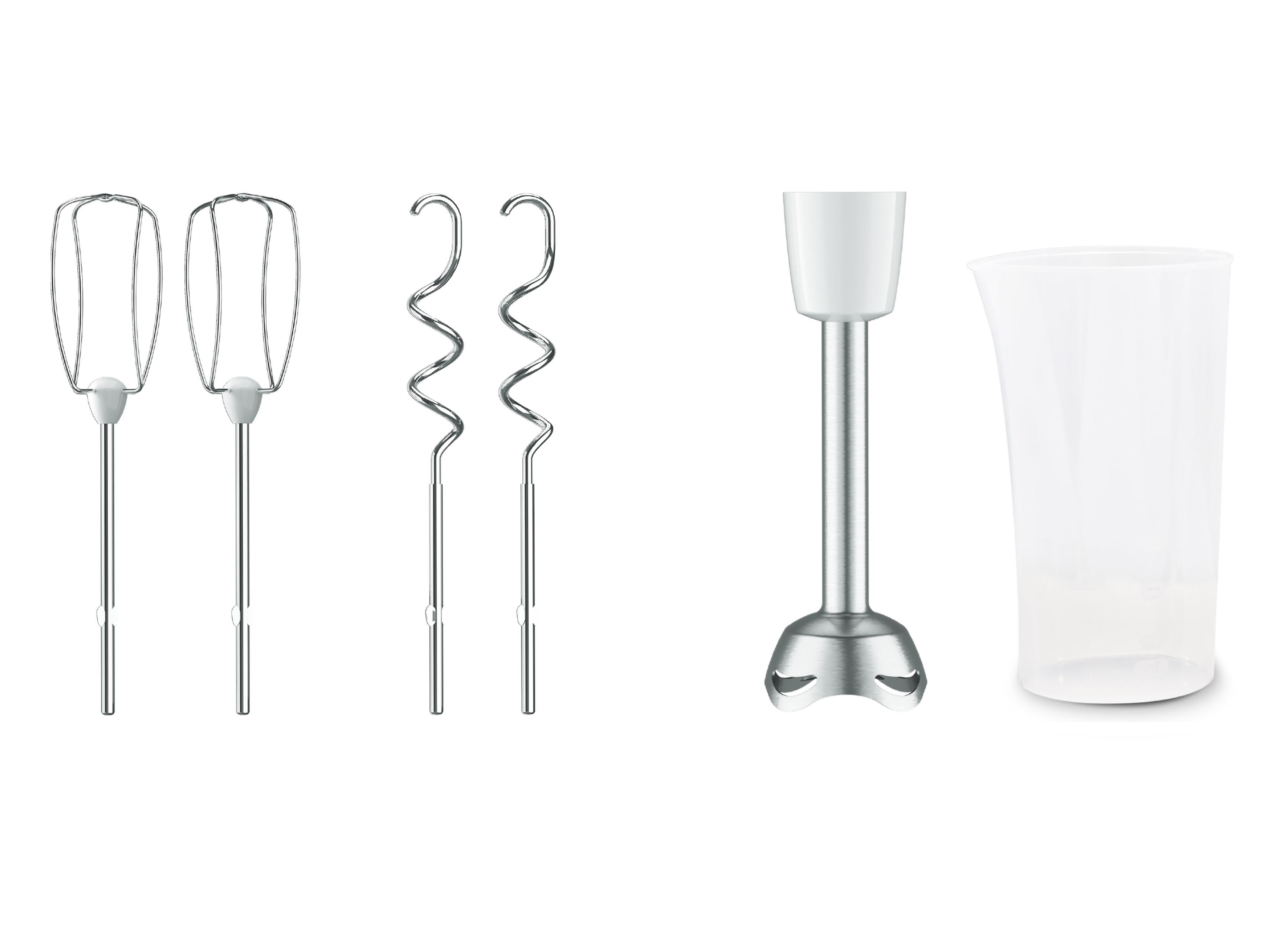 Set von Mixeraufsätzen: Quirl, Knethaken, Mixstab und Messbecher.