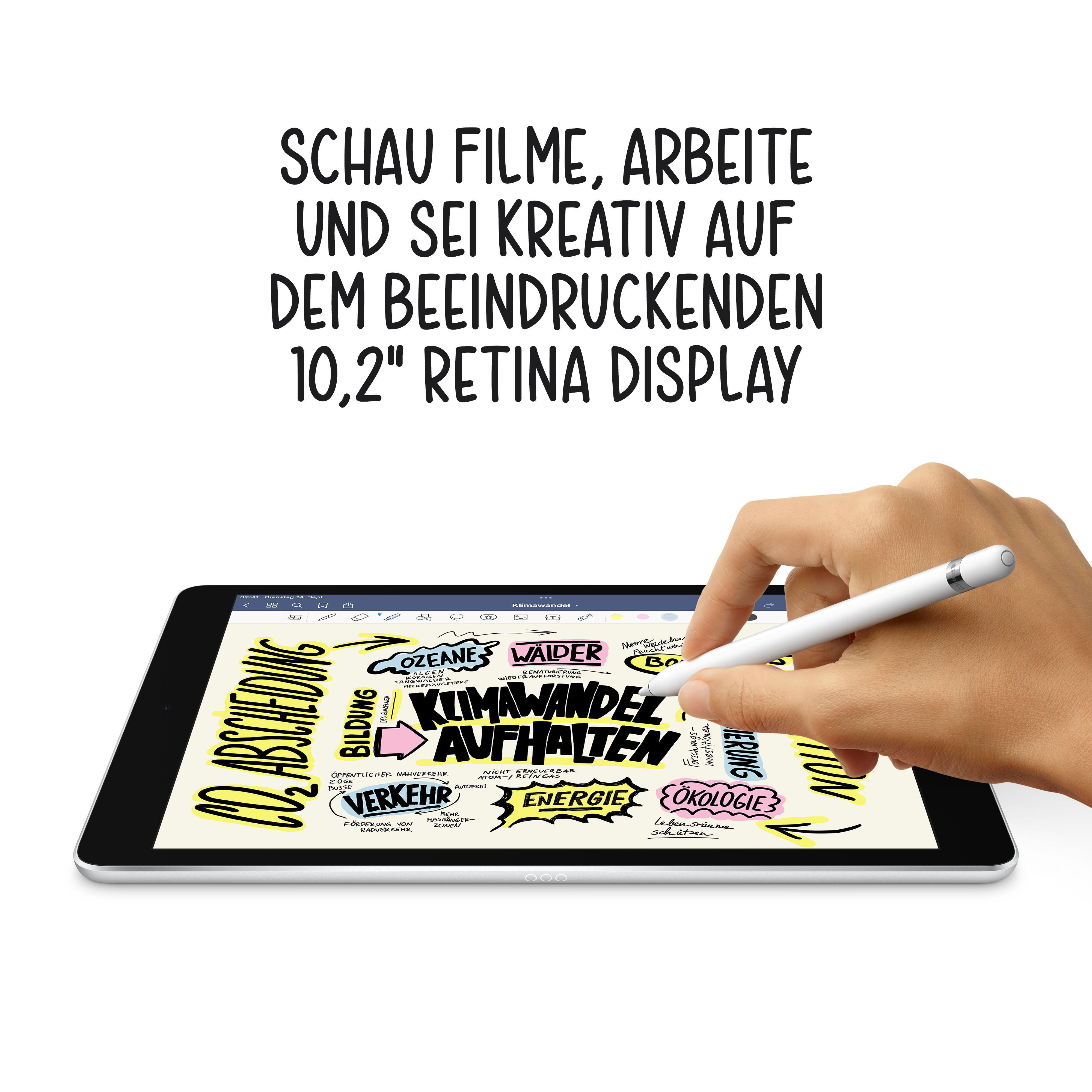 Hand, die einen Stift auf einem Tablet verwendet, das eine Skizze zeigt. Der Text lautet: Arbeite und sei kreativ.