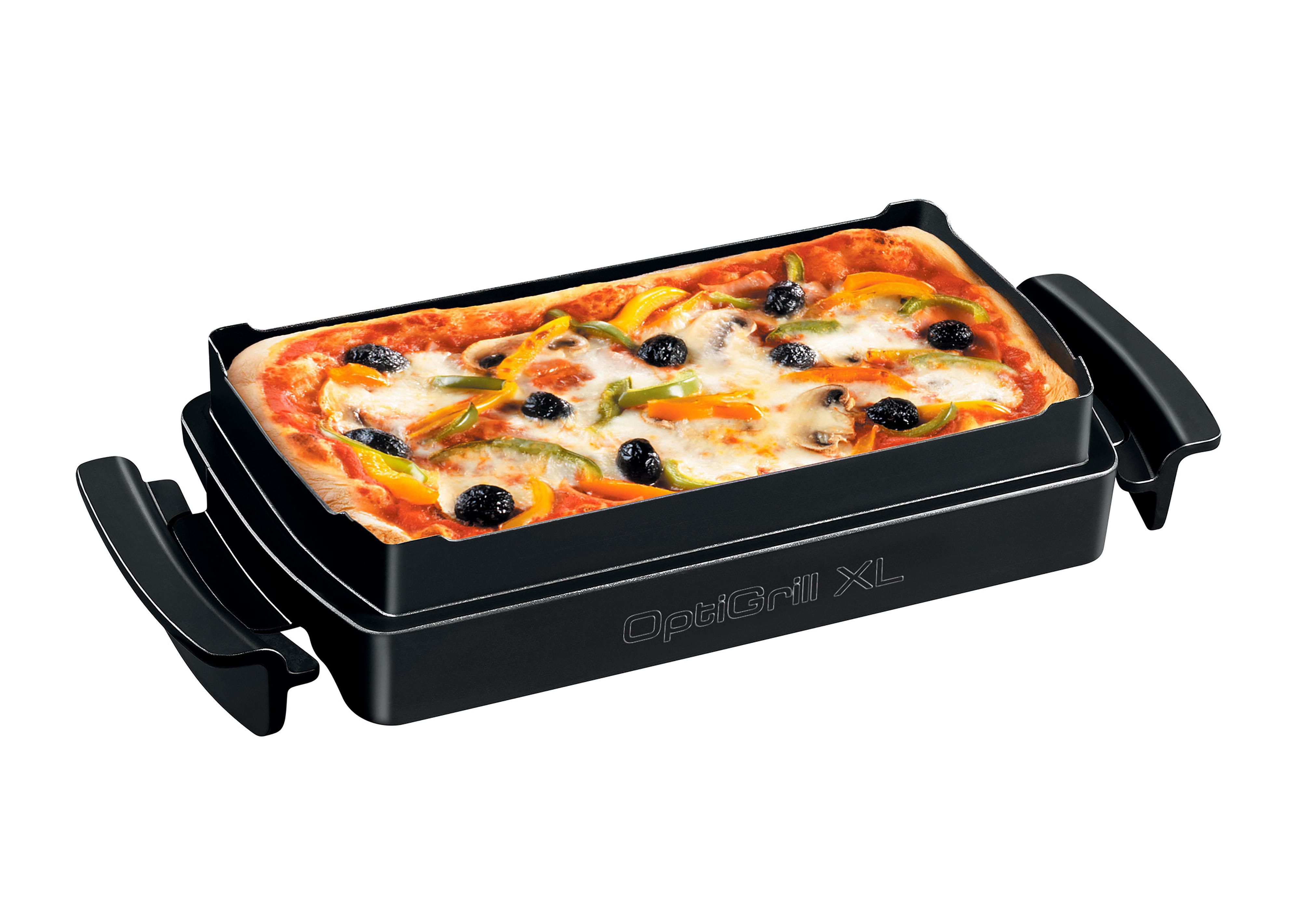 Rechteckige Pizza mit Gemüse in einem schwarzen OptiGrill XL. Die Pizza befindet sich auf weißem Hintergrund.