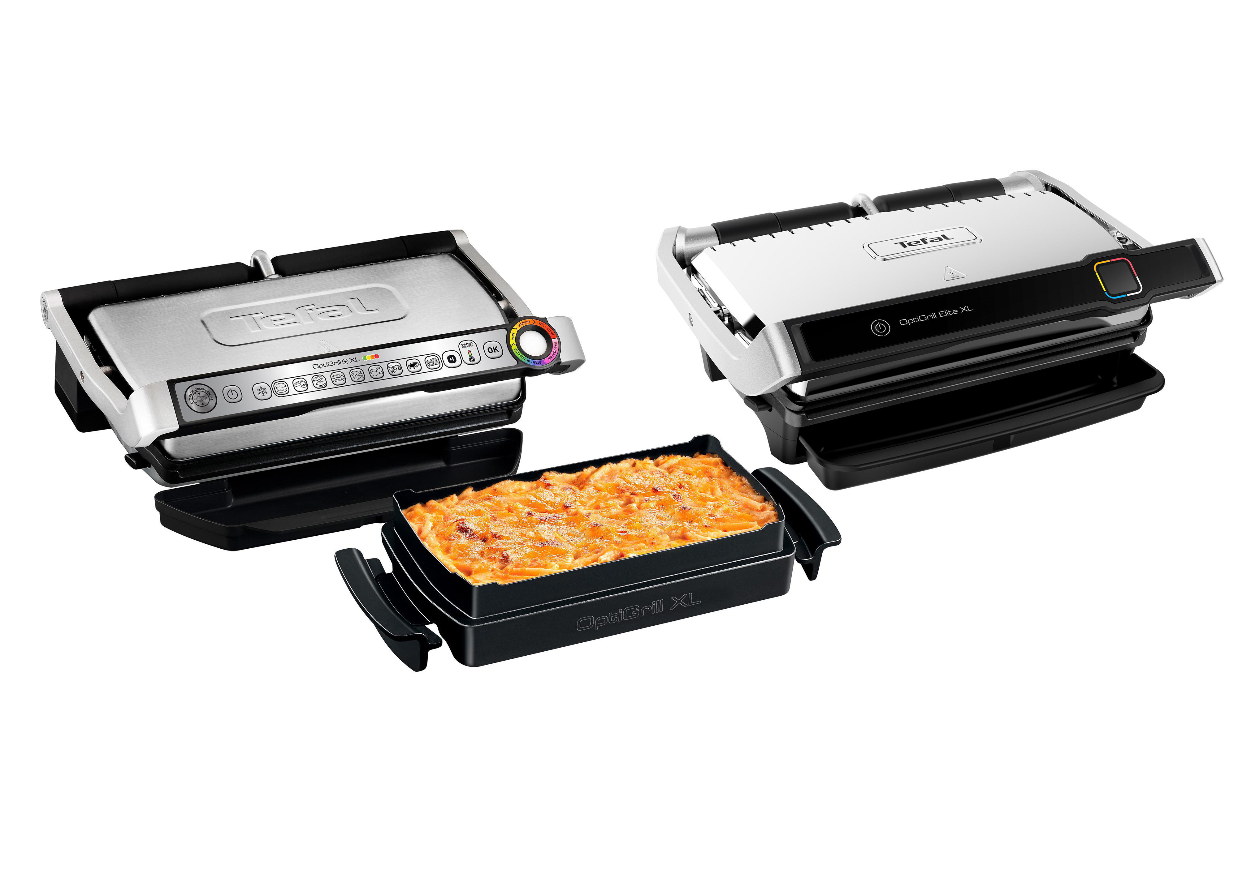 Zwei Tefal OptiGrill XL, einer mit Essen in der Schale.