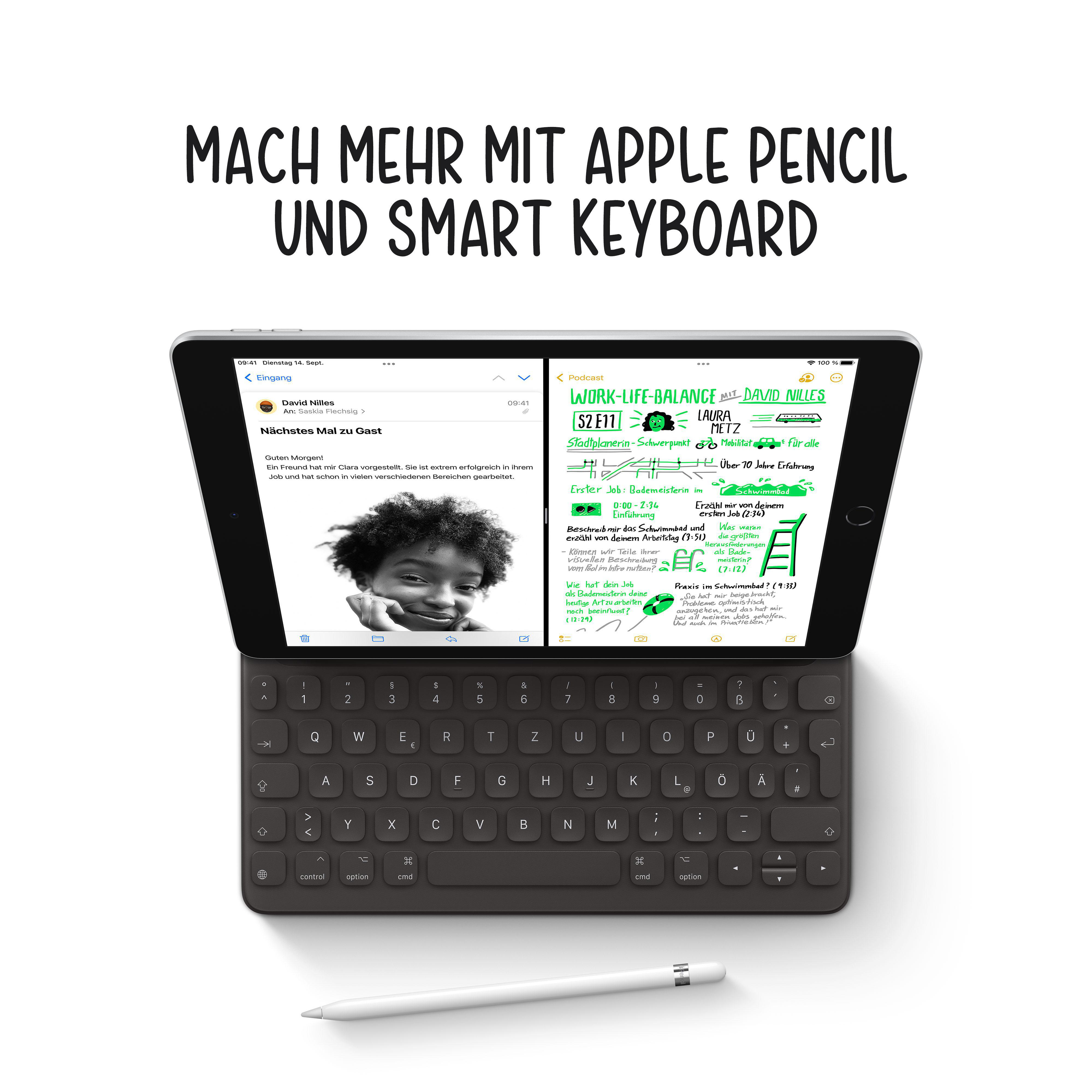 Tablet mit Tastatur und Stift. Zeigt den Bildschirm mit einem Bild und Text. Weißer Hintergrund.