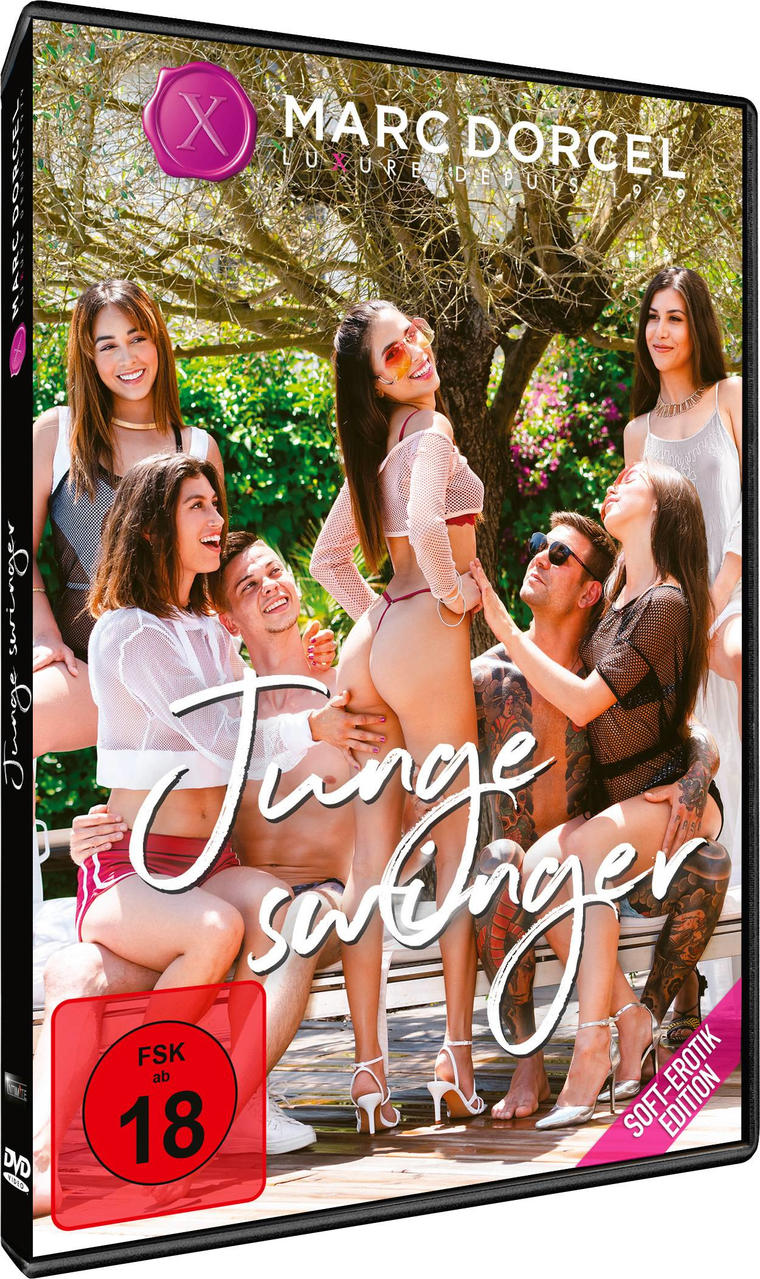 DVD-Cover mit Personen in einem Pool, anstößigem Inhalt und dem Text 'Junge Swinger'.