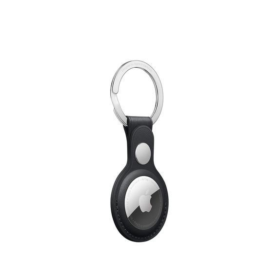 Apple AirTag Schlüsselanhänger mit schwarzem Lederschlaufen und silbernem Schlüsselring, Apple-Logo.