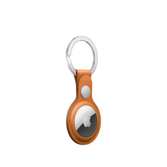 Ein braunes Leder-Apple AirTag mit Silberring und Apple-Logo.