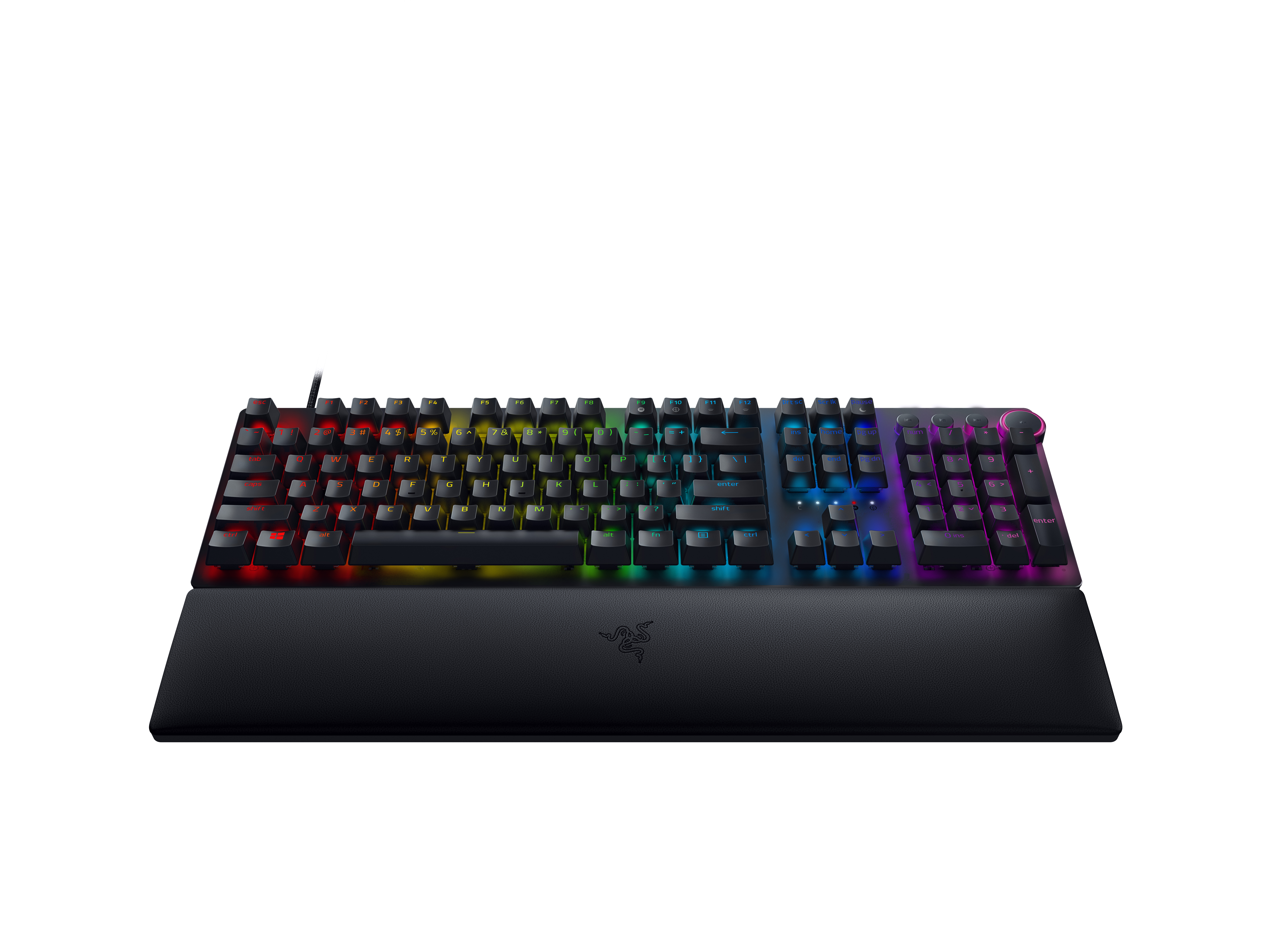Schwarze Razer-Tastatur mit beleuchteten Tasten und Handballenauflage, auf weißem Hintergrund.