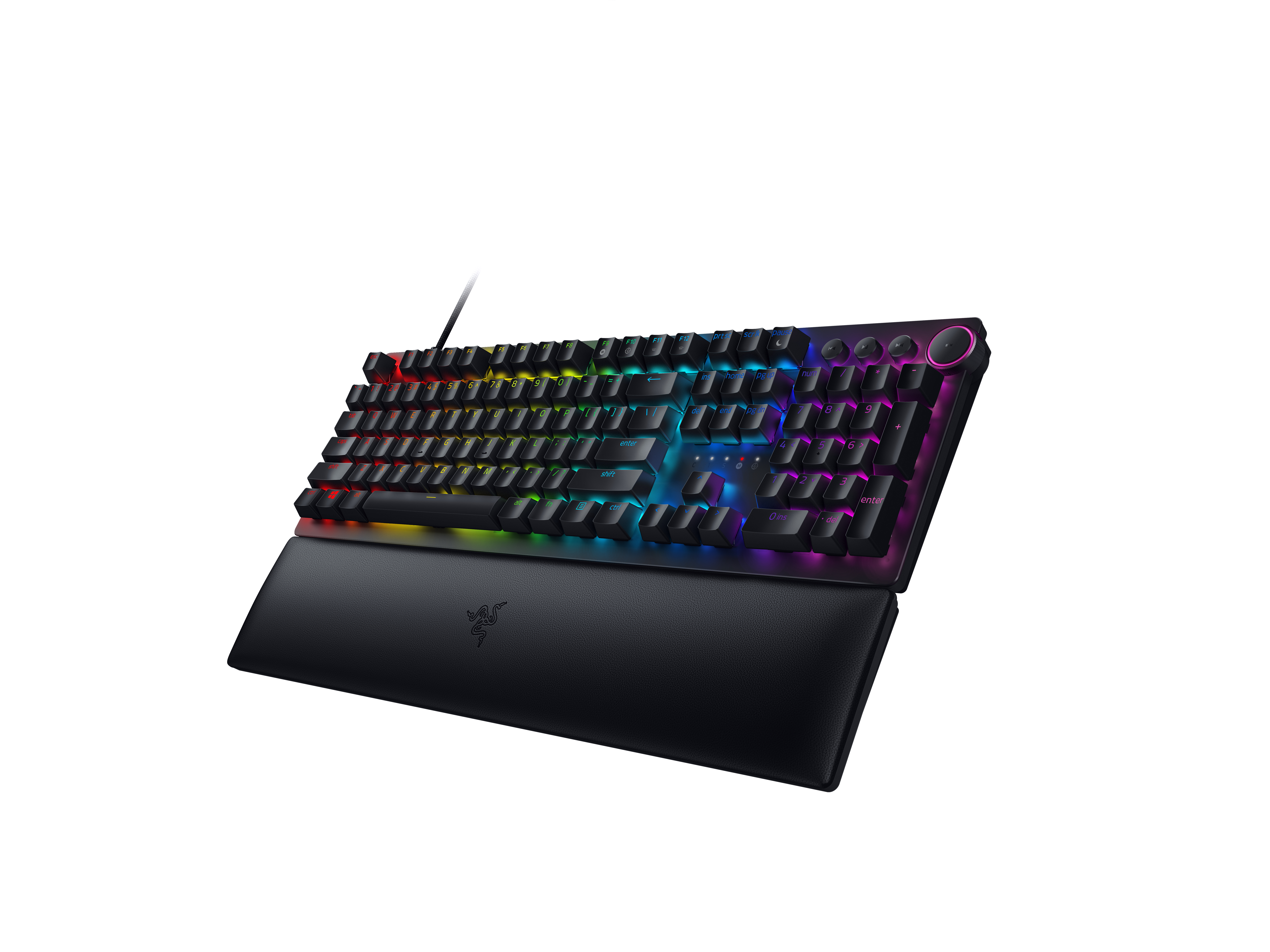 Schwarze Tastatur mit Regenbogenlichtern, mit Handgelenkauflage und Razer-Logo.