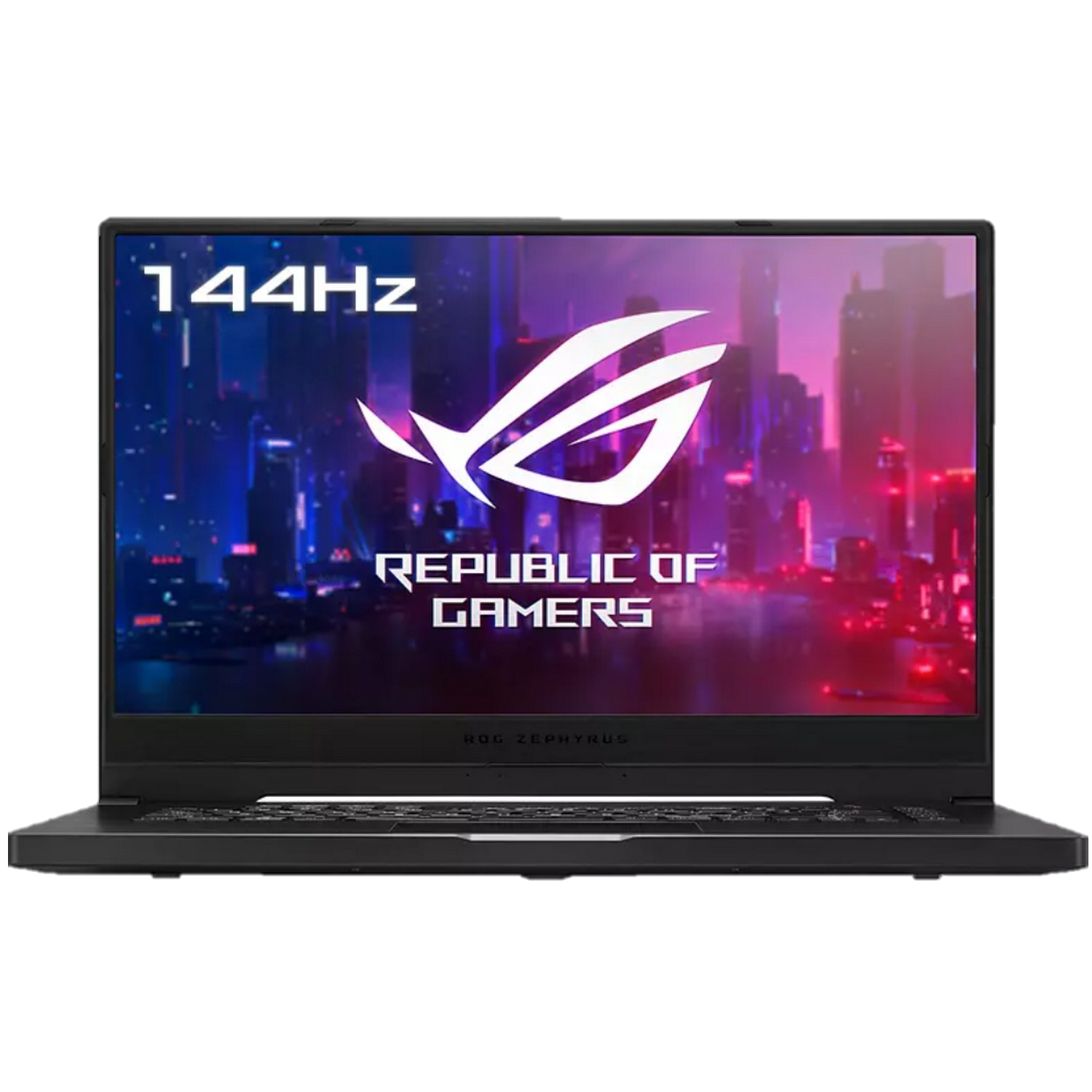 Ordenador portátil negro con una pantalla que muestra un paisaje urbano. La pantalla dice "144Hz" y "REPUBLIC OF GAMERS".
