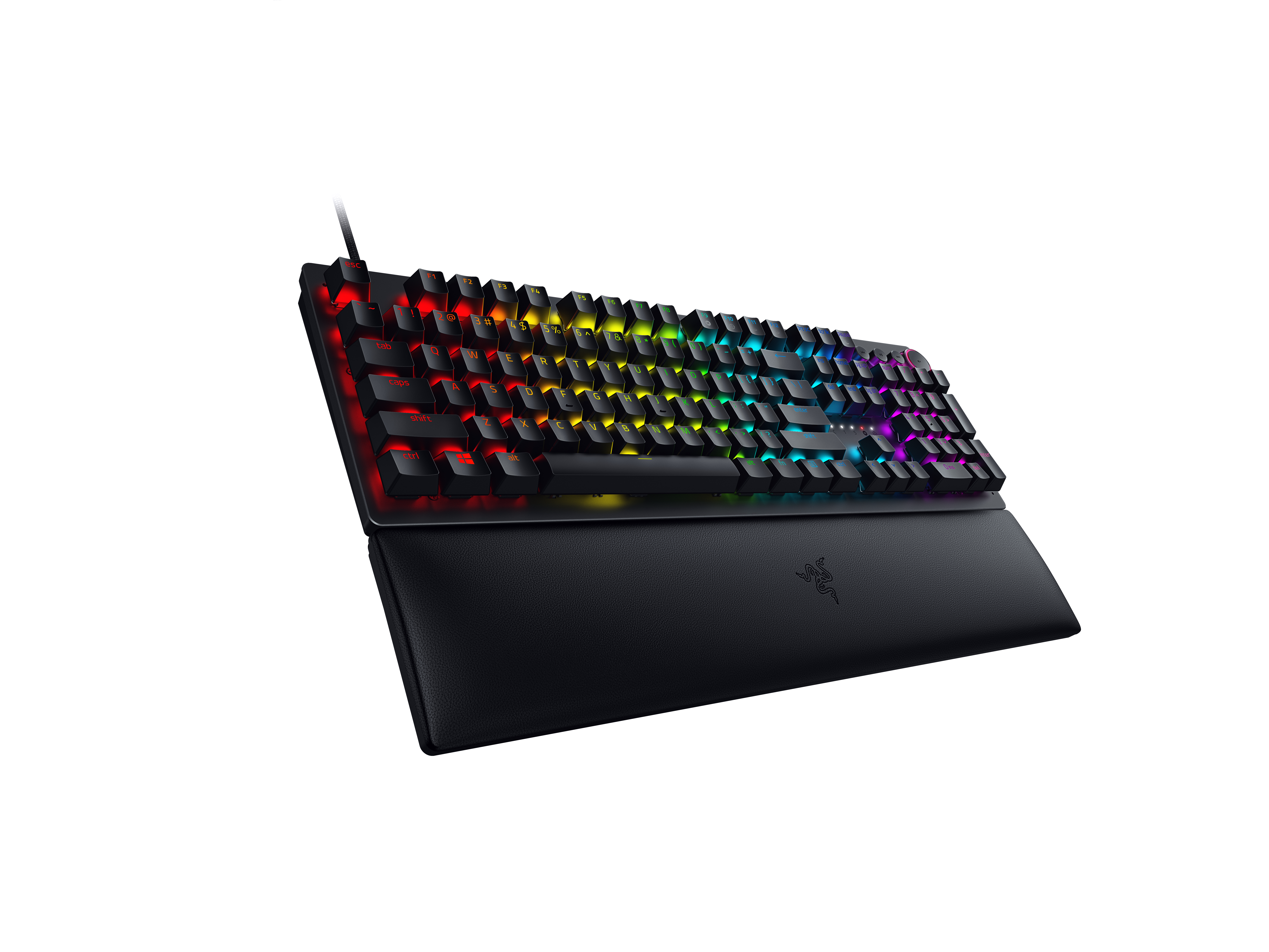 RGB-Tastatur mit Handballenauflage. Razer-Logo sichtbar. Tasten leuchten bunt.