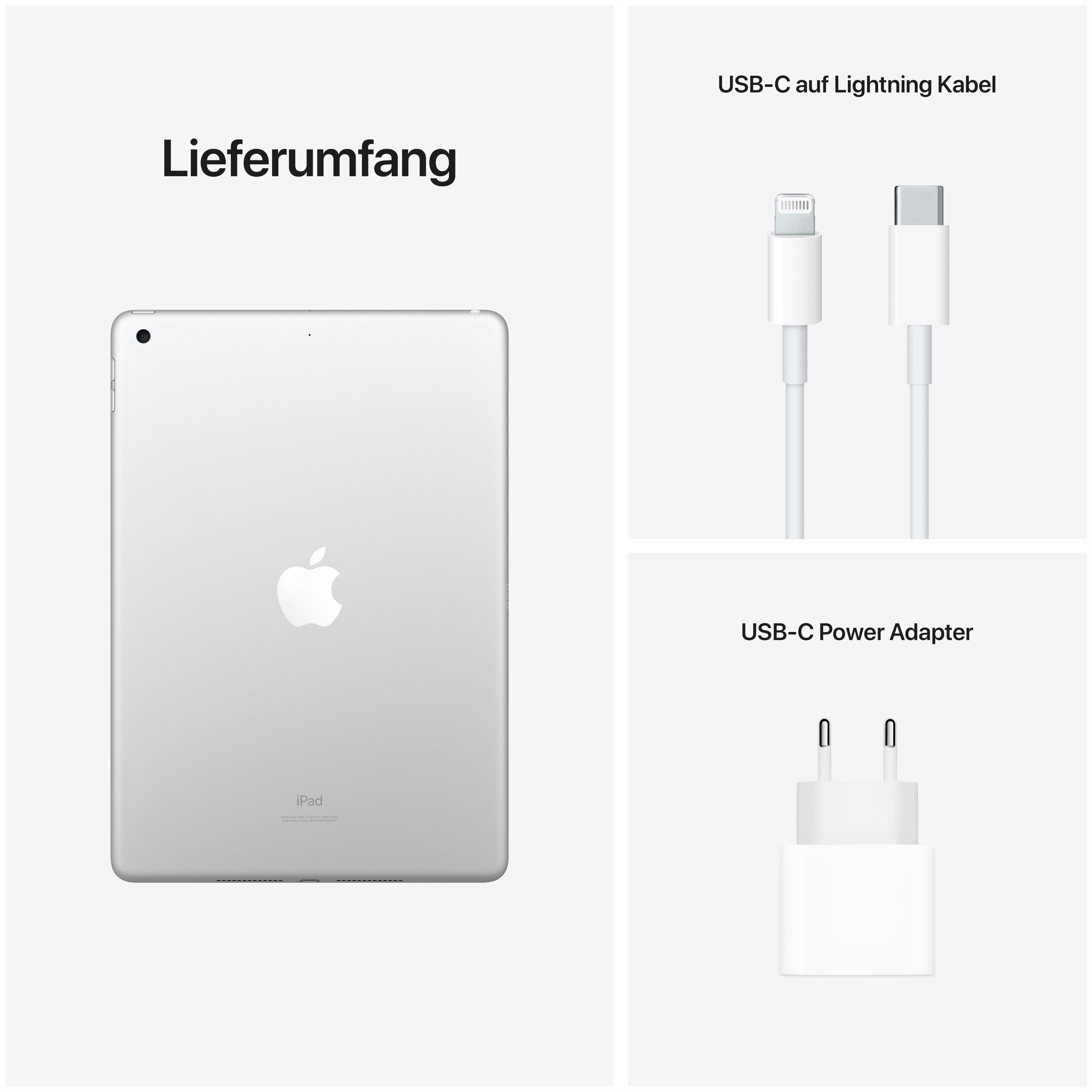iPad, USB-C-Kabel und Netzteil. Text beschriftet jedes Element.