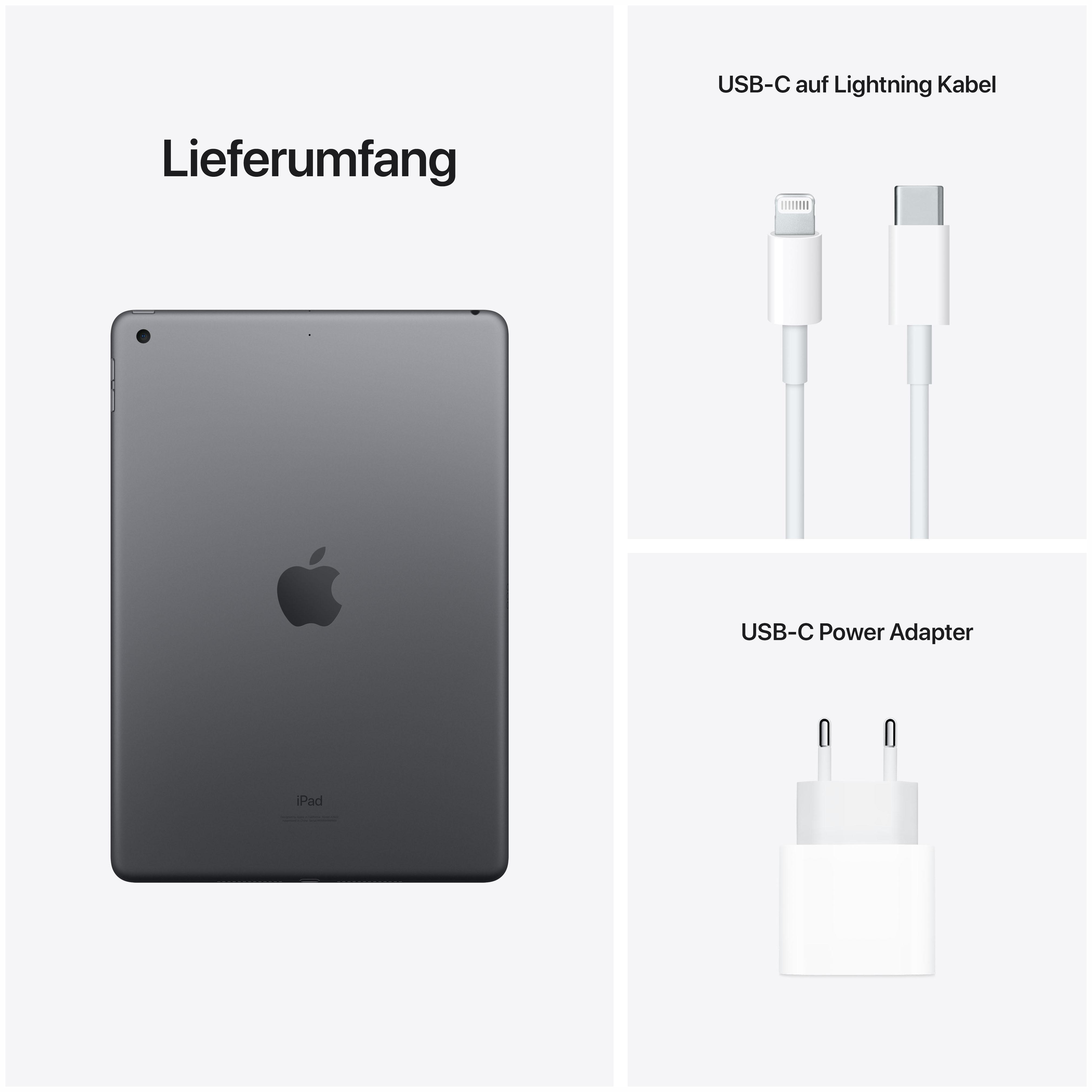 iPad und Zubehör. Das iPad ist grau, Kabel und Netzteil sind weiß.