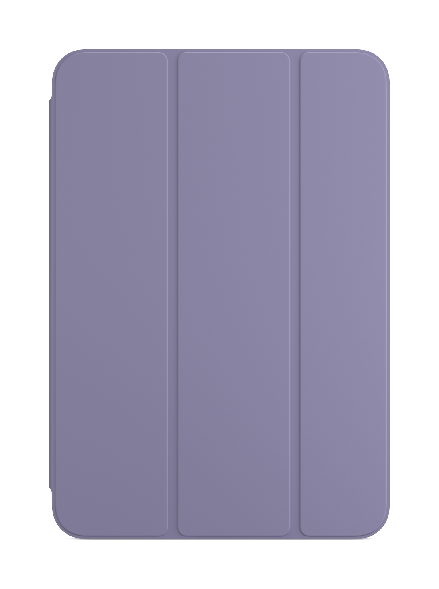 A lavender iPad case is shown, closed, with three vertical segments.