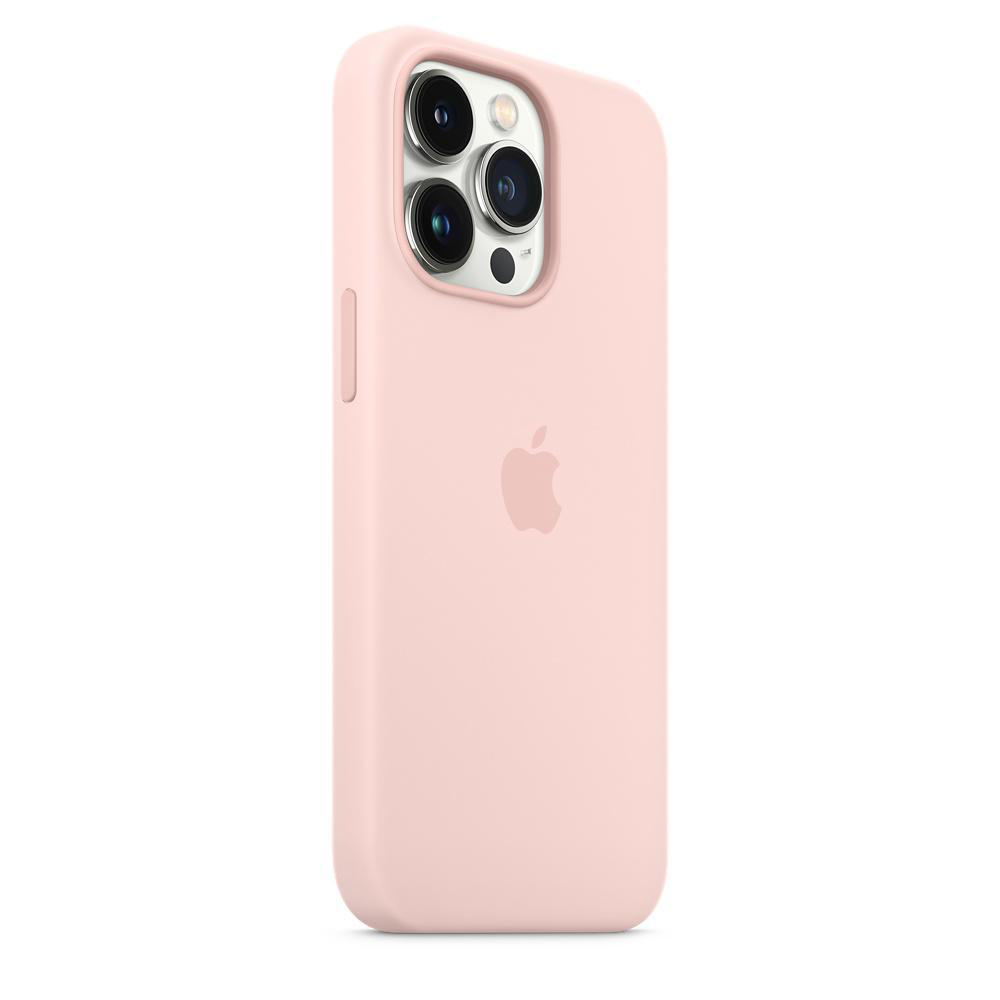 Eine pinkfarbene Handyhülle mit Apple-Logo, die die Kamera und Tasten eines Telefons zeigt.