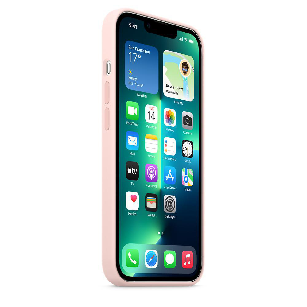 iPhone 13 Pro in pinker Hülle, zeigt den Startbildschirm, auf weißem Hintergrund.