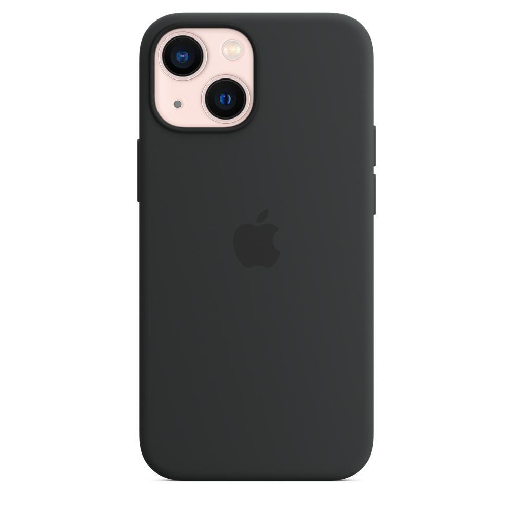 Schwarzes iPhone 13 in einer schwarzen Hülle, mit sichtbarem Apple-Logo.