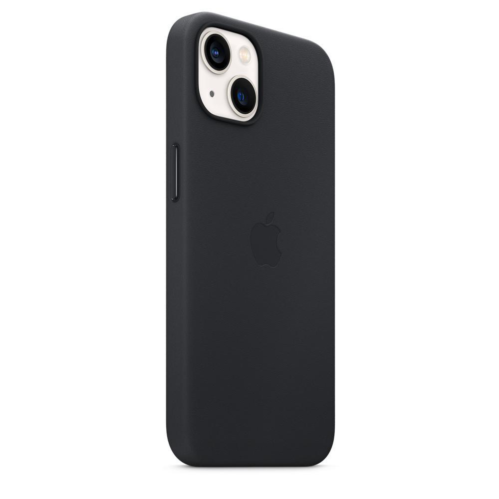 Eine schwarze iPhone-Hülle aus Leder mit dem Apple-Logo. Die Hülle hat einen Kameraausschnitt und Seitentasten.