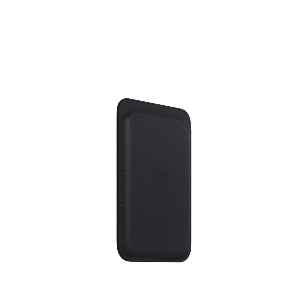 Eine schwarze Leder-Apple-iPhone-Geldbörse mit dem Apple-Logo darauf.