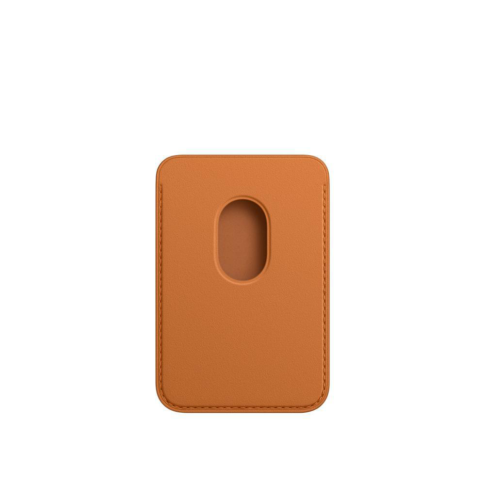 Ein rechteckiger, orangefarbener Lederkartenhalter mit einem geschwungenen Ausschnitt.