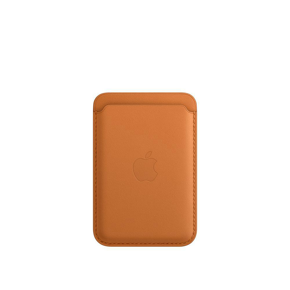 Braunes Leder-Apple-Wallet. Apple-Logo auf der Vorderseite geprägt. Weißer Hintergrund.