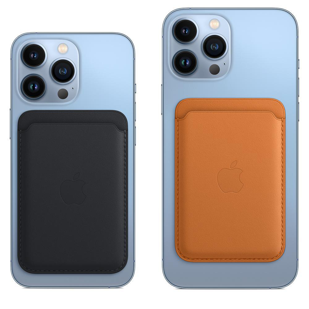 Zwei iPhones mit Kartenhaltern. Eines hat einen schwarzen Kartenhalter, das andere einen orangenen. Beide haben ein Apple-Logo.
