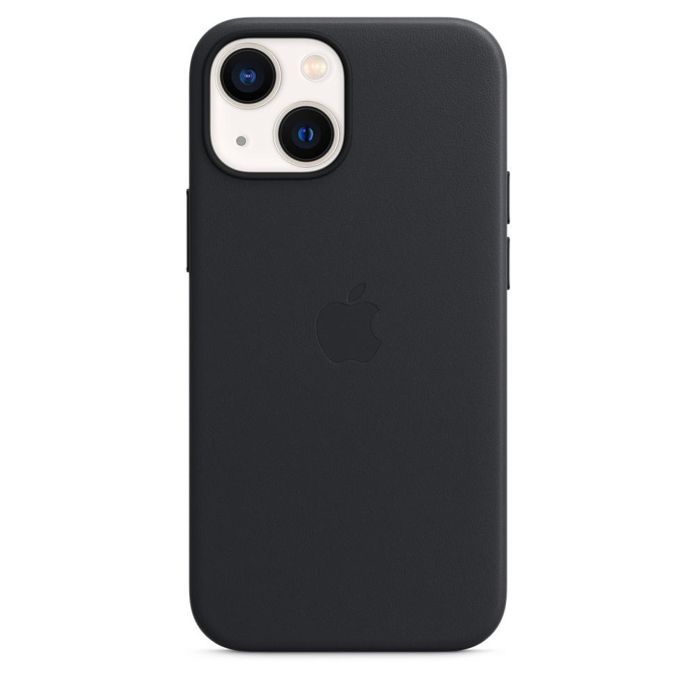 Schwarze Leder-Handyhülle mit Apple-Logo. Kameralinsen sichtbar.