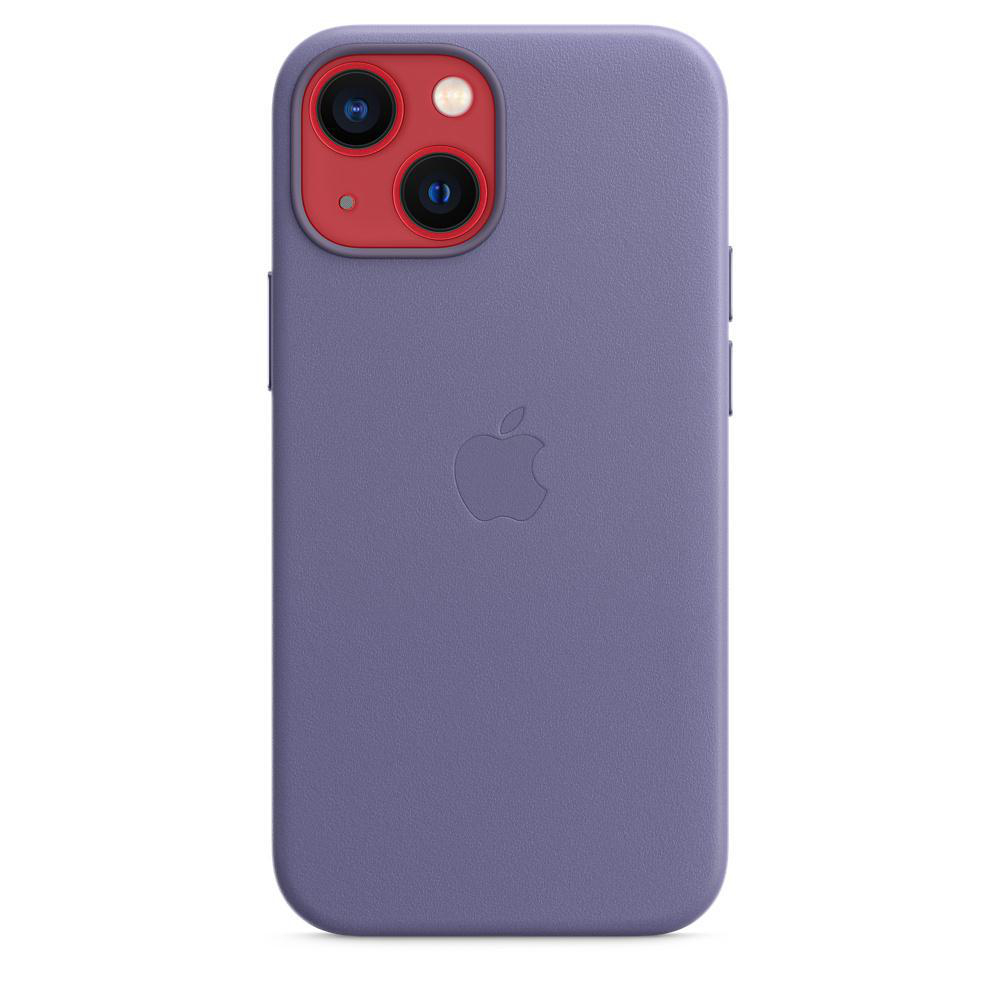 Lila iPhone-Hülle mit dem Apple-Logo. Das Telefon hat ein rotes Kameramodul. Weißer Hintergrund.