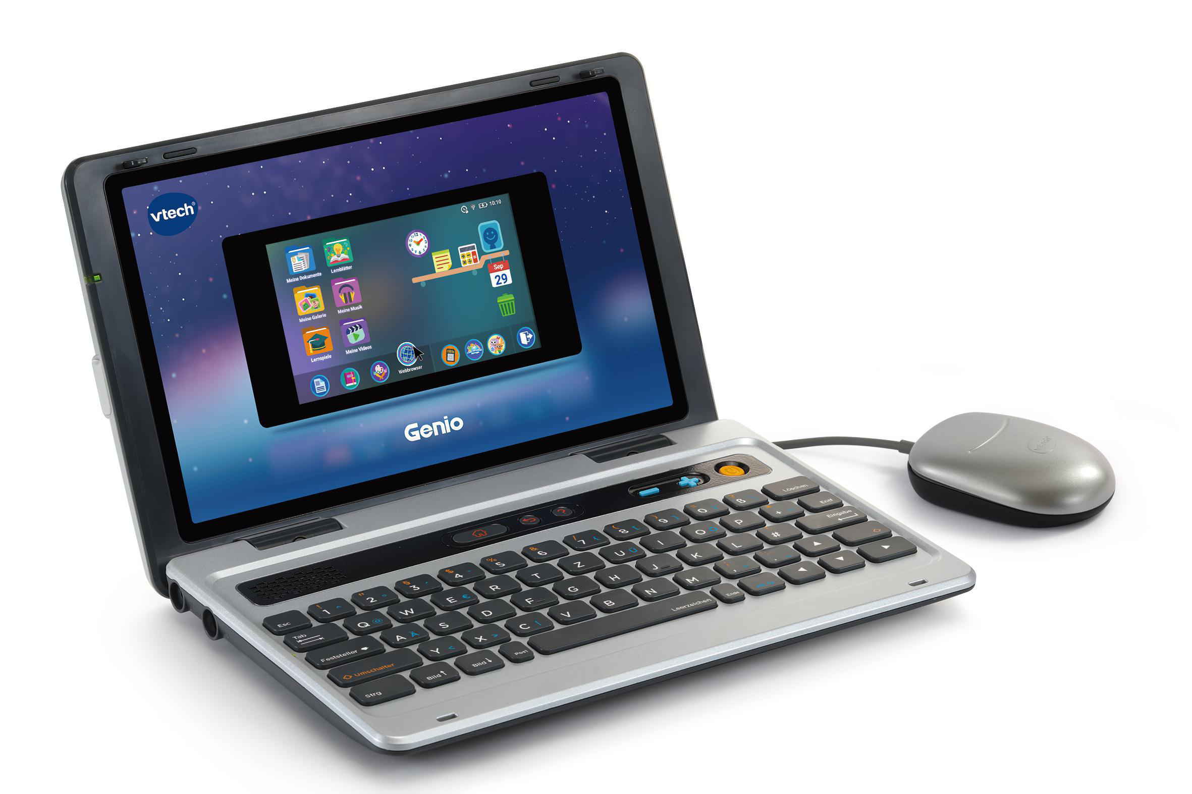 Ein silbernes und schwarzes Spielzeug im Laptop-Stil für Kinder mit Maus und einem Bildschirm, der eine Tablet-Oberfläche anzeigt.