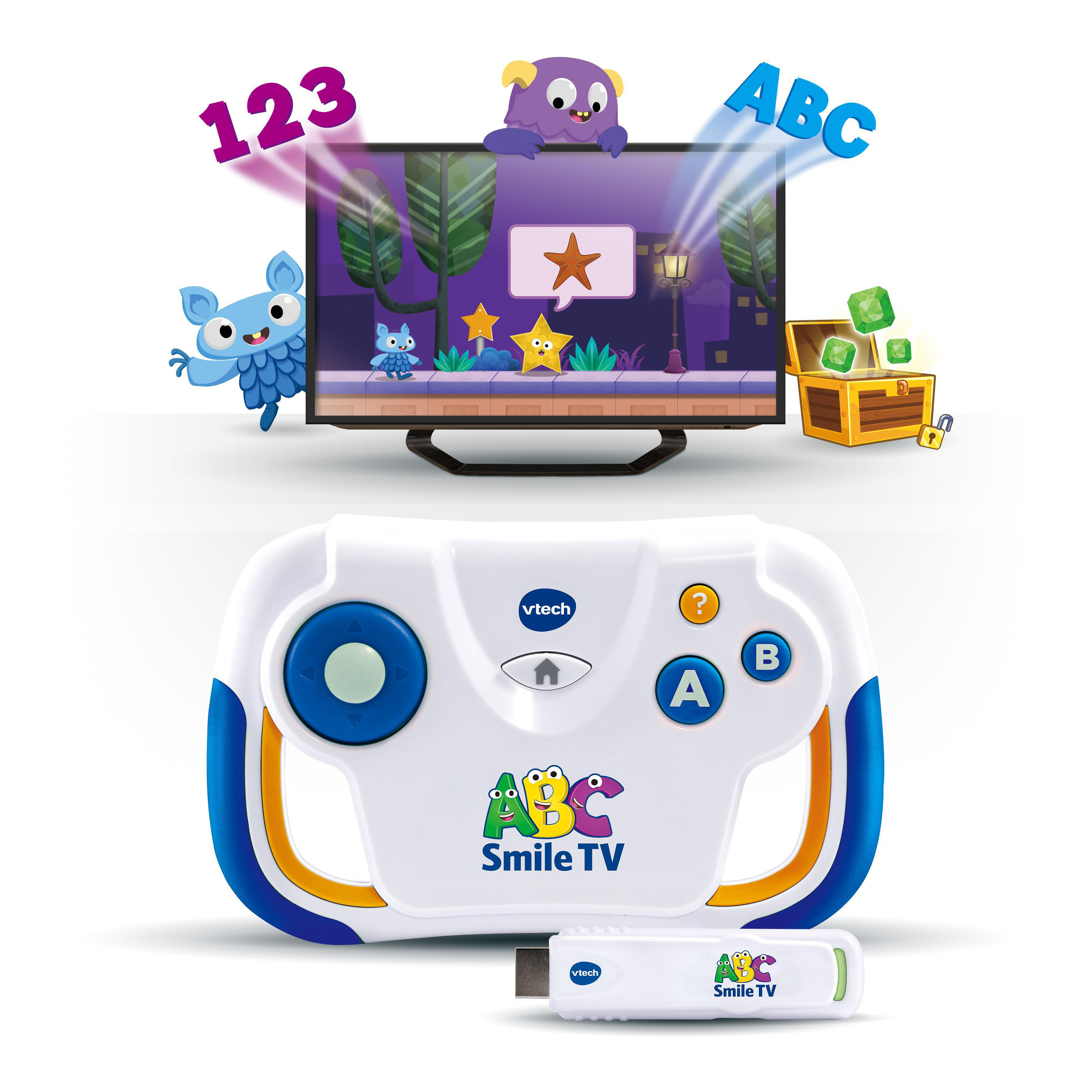 Spielcontroller und Fernseher mit Kinderspiel mit Monstern und ABC/123.