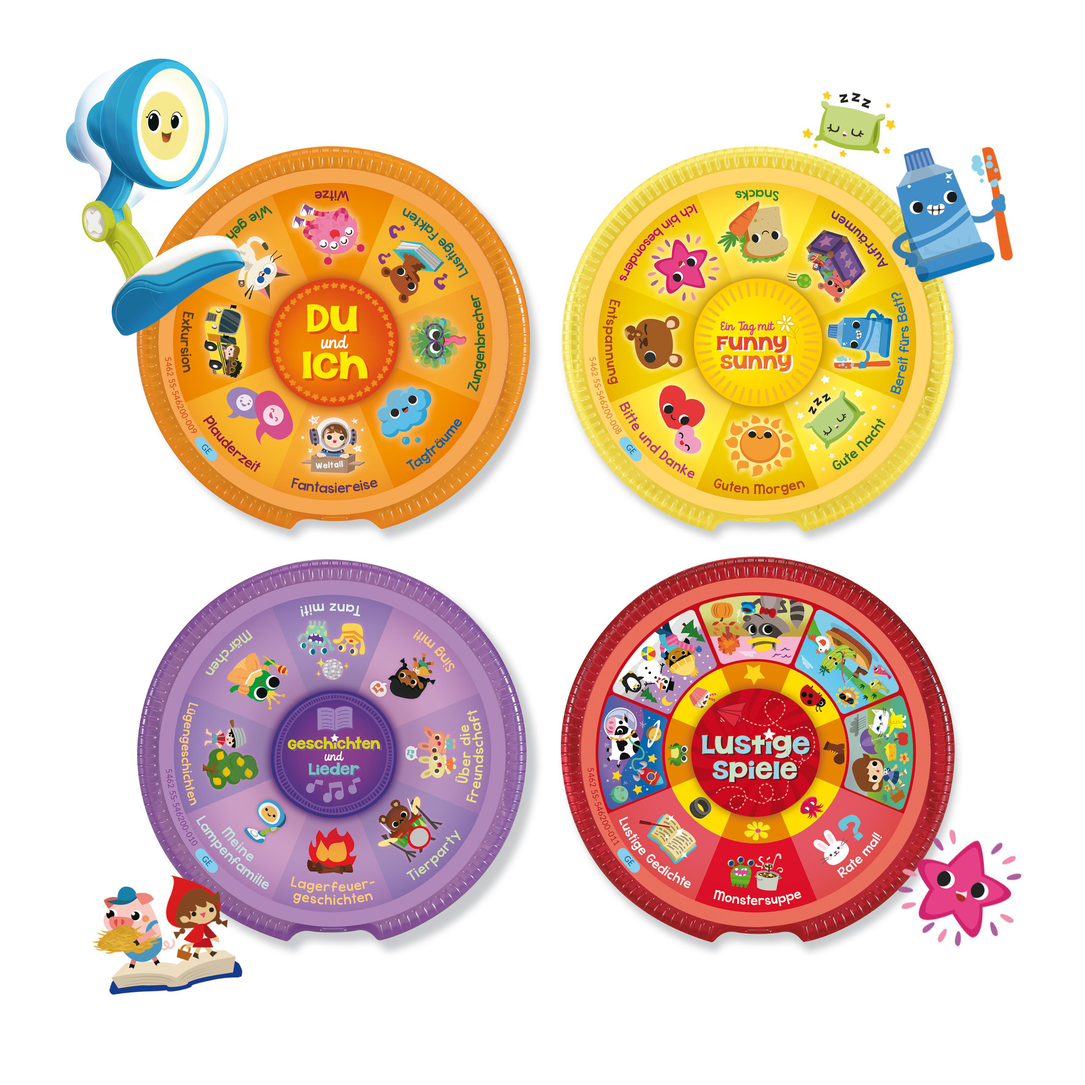 Vier bunte Kinderspielbretter.