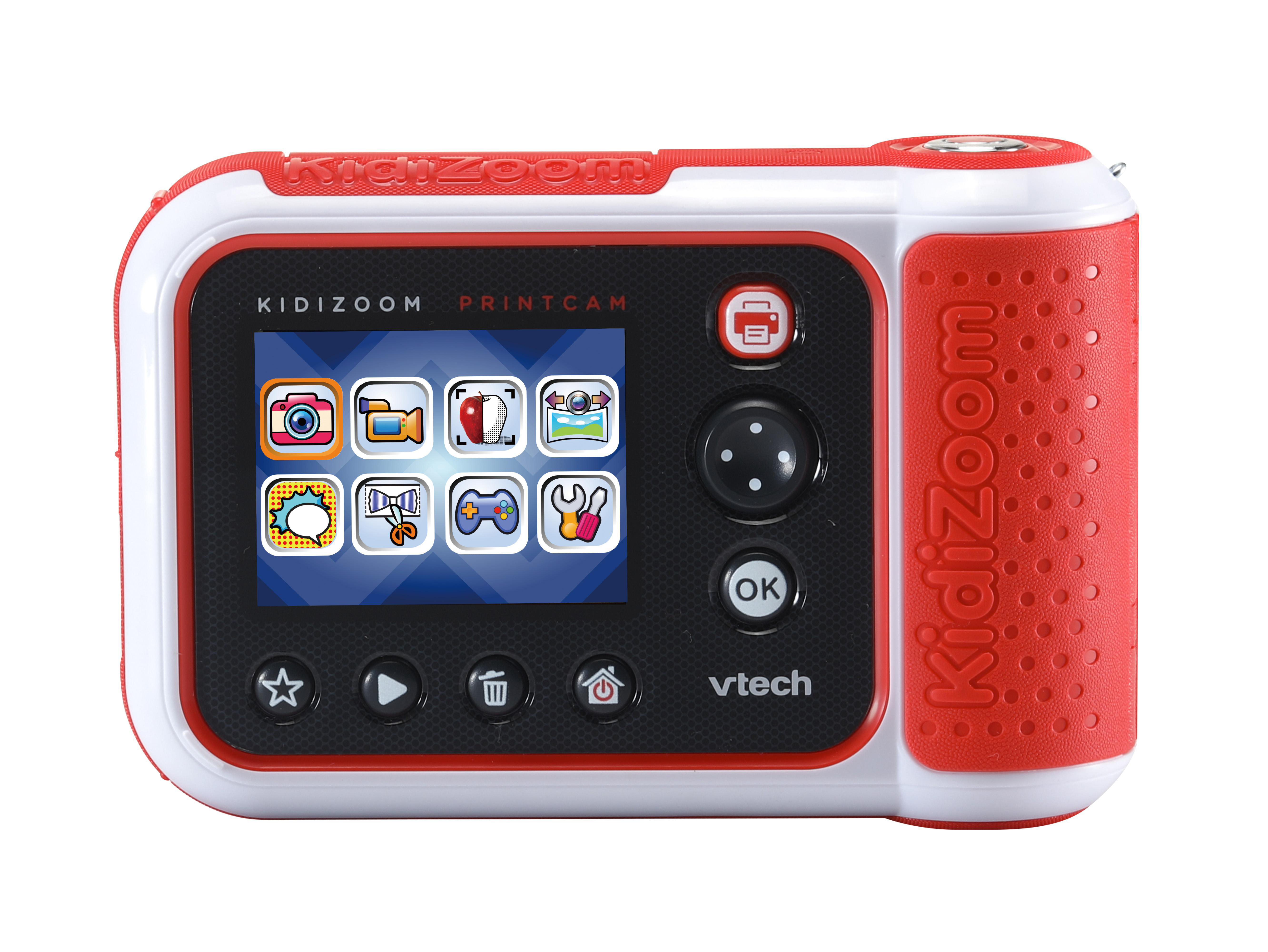 Rote und weiße Kidizoom Printcam Kamera mit Bildschirm und Knöpfen.