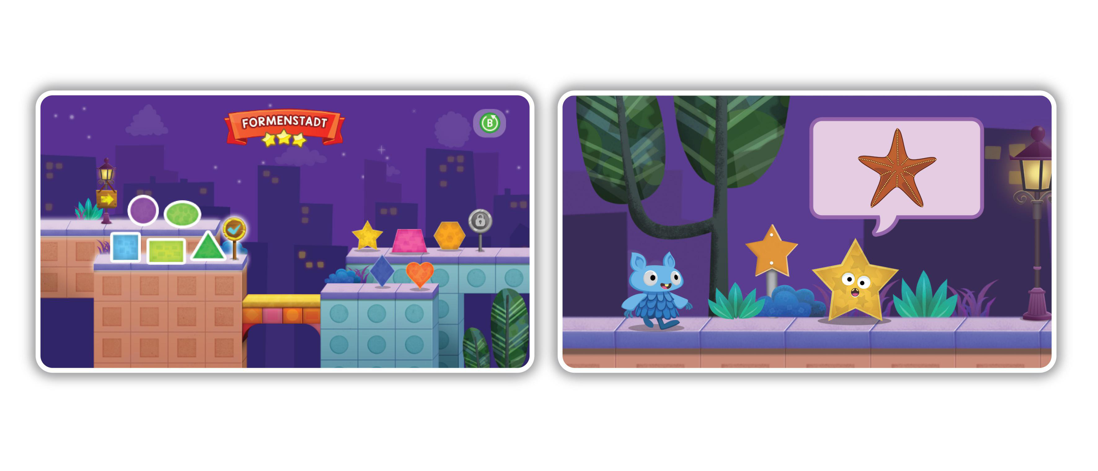 Zwei Spiel-Screenshots: Formen-Matching-Spiel und ein sprechender Stern mit Seestern.