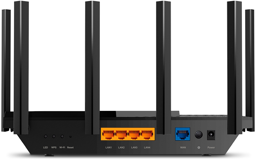 Fekete Wi-Fi router több antennával és porttal. Hátsó nézet.