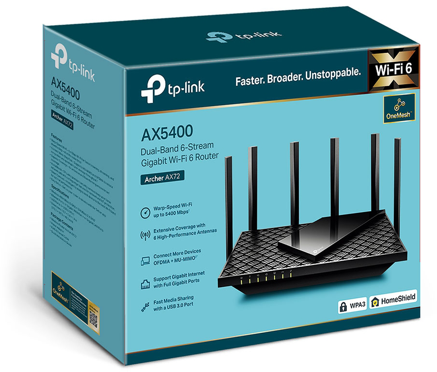 Egy tp-link Wi-Fi 6 router doboza. A doboz kék, és egy router képet tartalmaz.