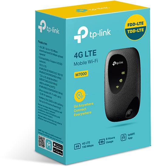 Egy türkizkék doboz egy TP-Link 4G LTE mobil Wi-Fi routert mutat. Jellemzői és egy QR-kód láthatók.