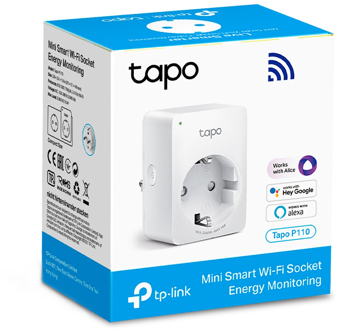 Fehér doboz okos dugóval és TP-Link Tapo márkajelzéssel.