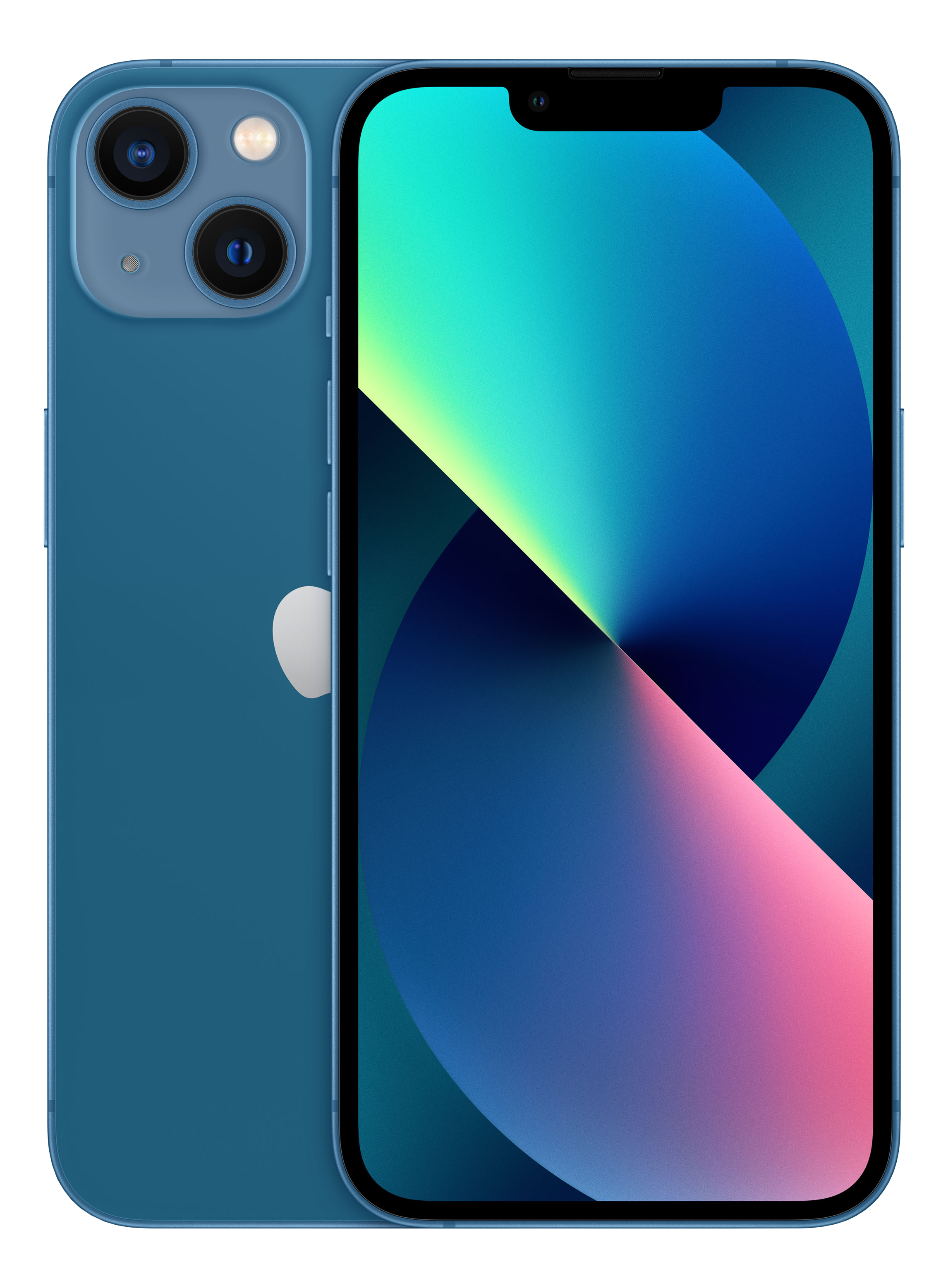 iPhone 13 blu, schermo con forme astratte blu e rosa. Retro con fotocamere.