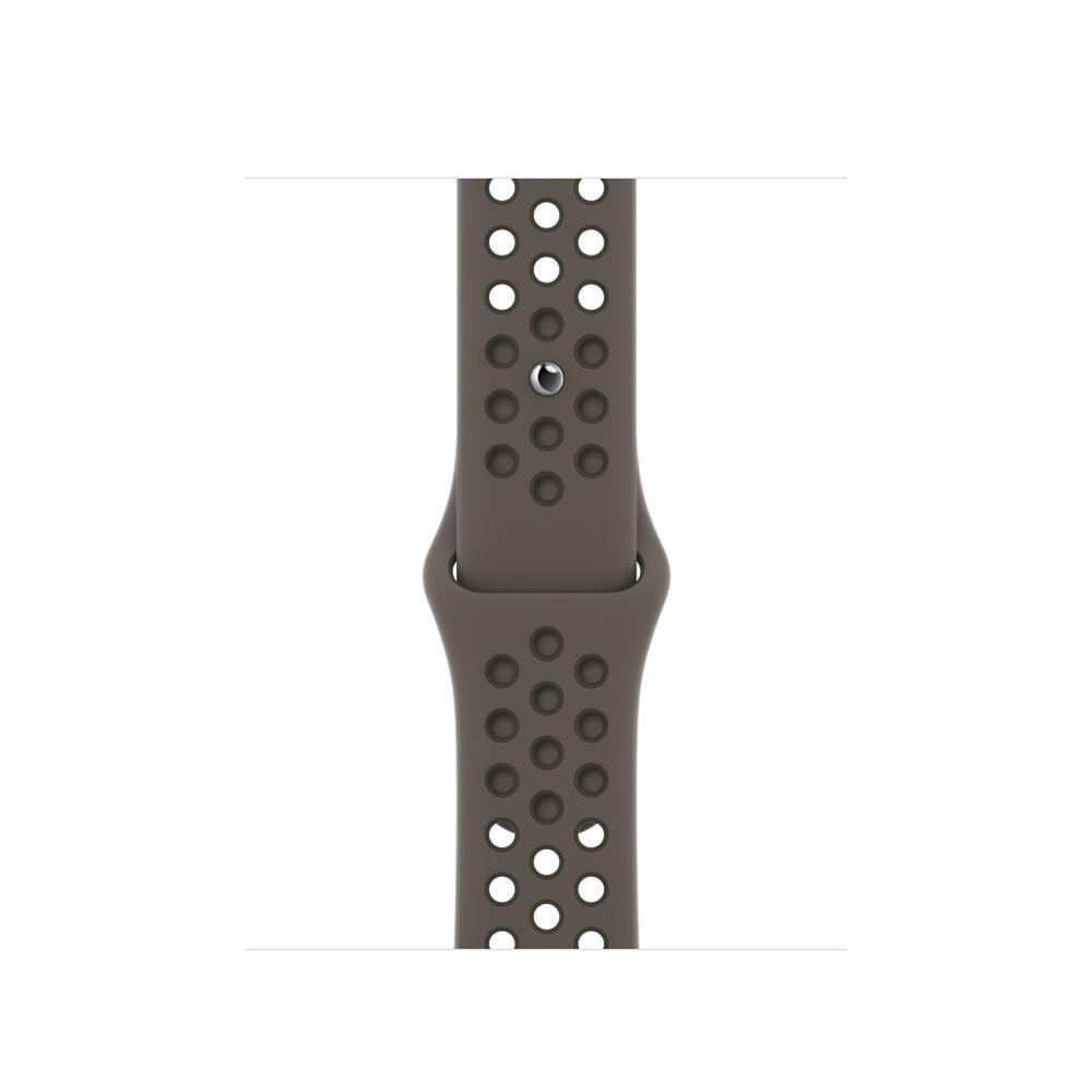 Ein dunkelgraues Apple Watch Armband. Es hat ein perforiertes Design mit mehreren Löchern.