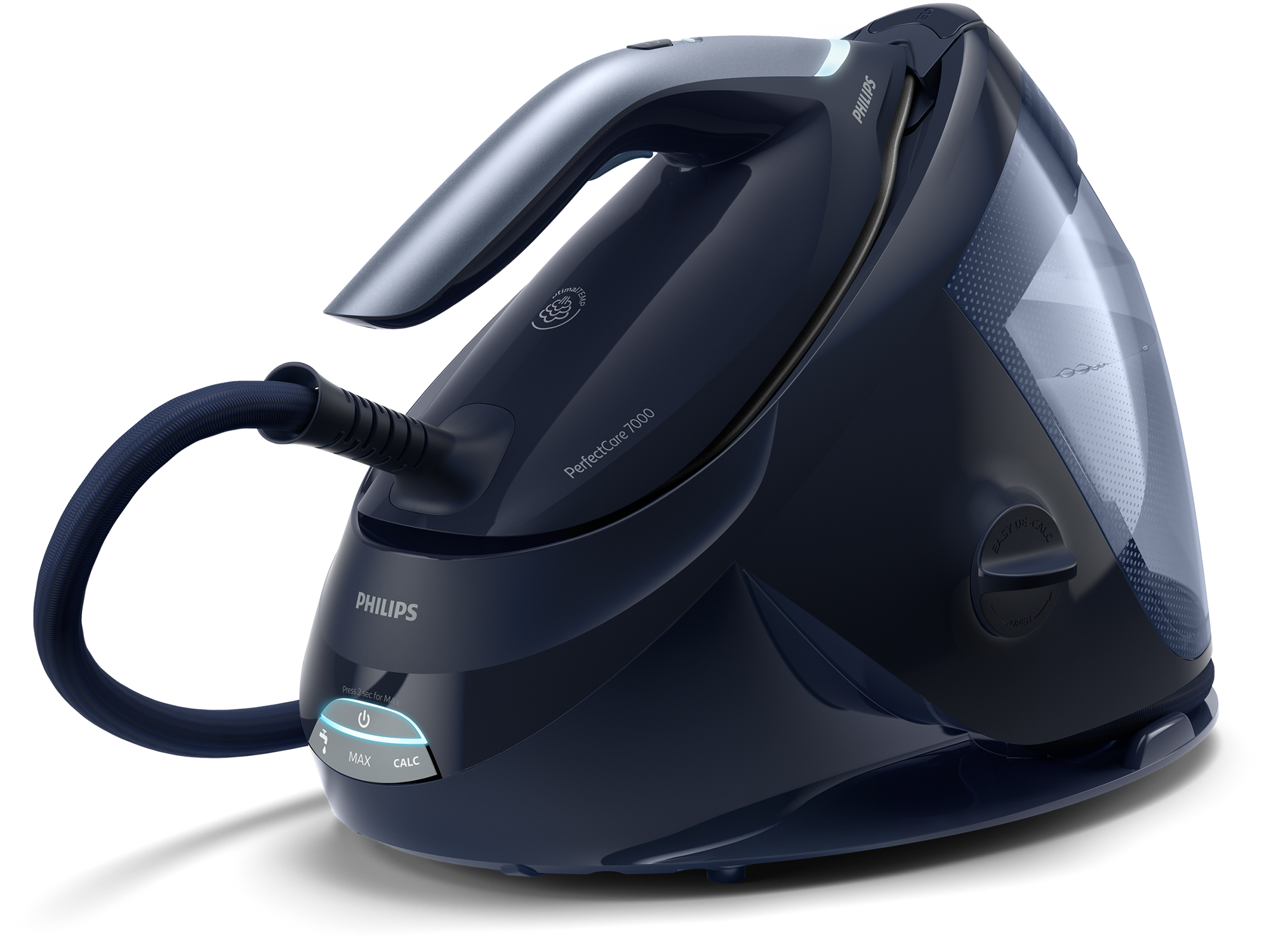 Een donkerblauwe Philips PerfectCare 7000 serie strijkijzer met een zwarte achtergrond.
