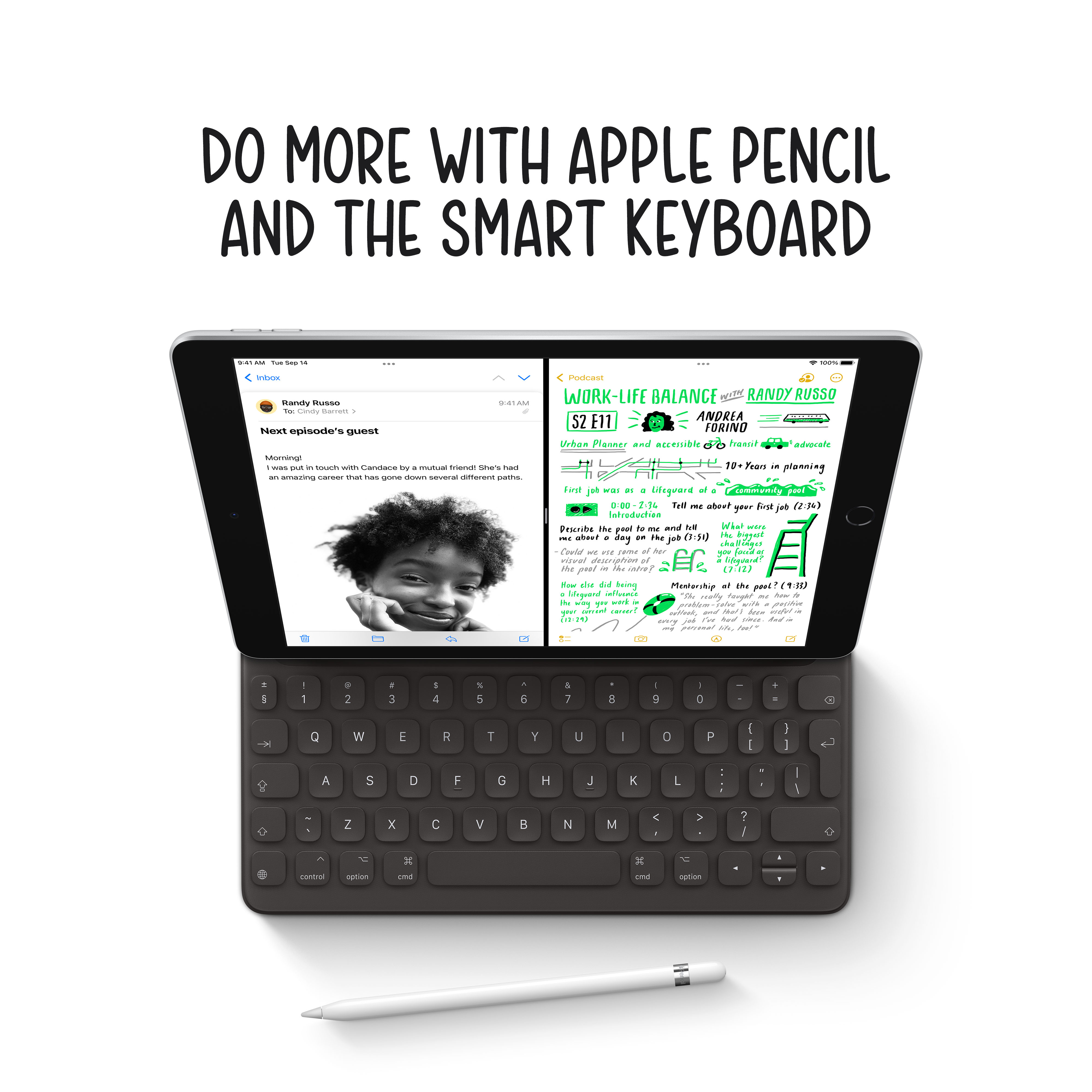iPad avec clavier et Apple Pencil. Écran affiche notes et e-mails.