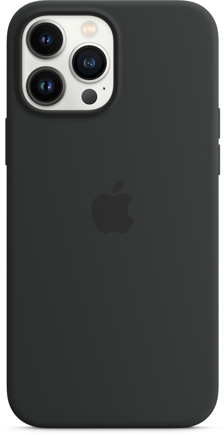 Zwarte iPhone-hoes, meerdere camera's bovenaan. Apple-logo op de achterkant. Strak ontwerp, donkergrijs.