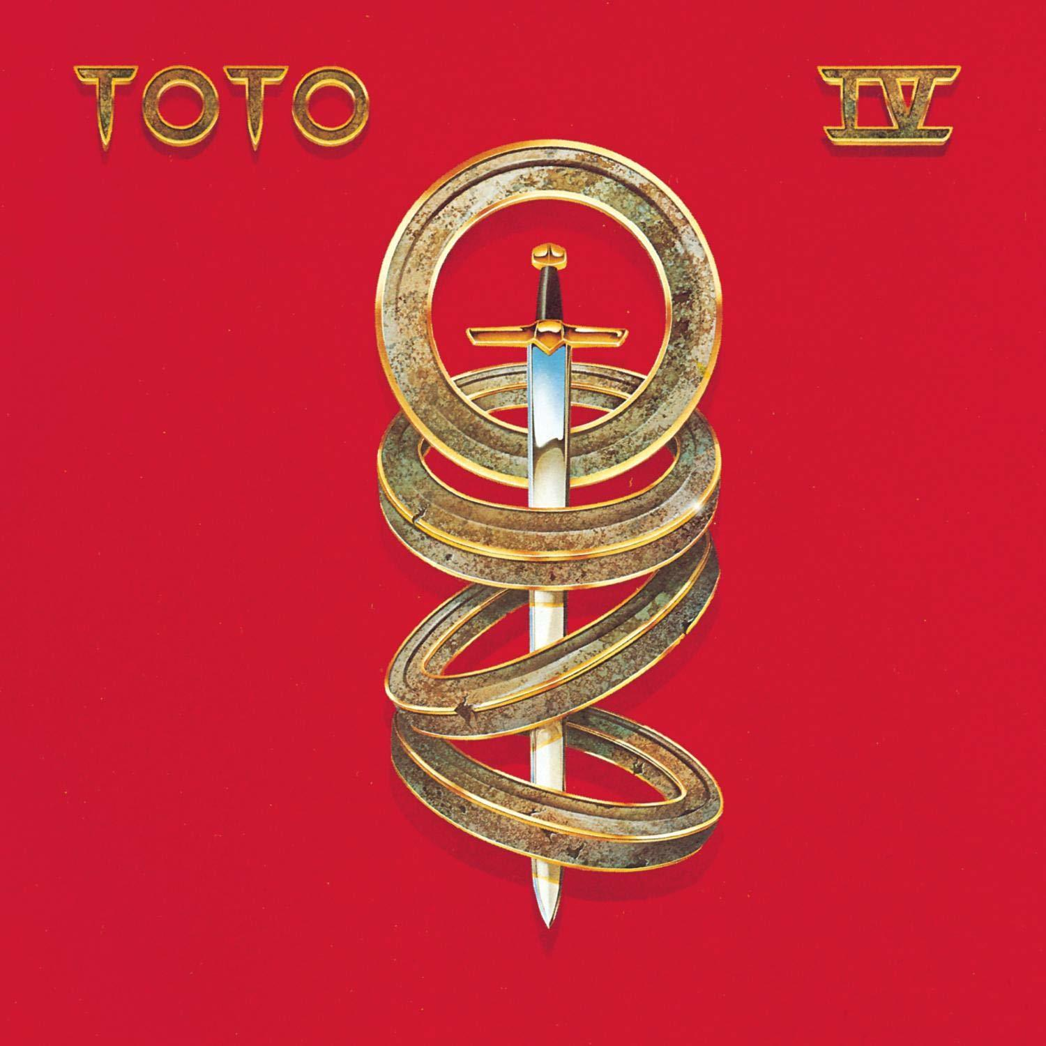 Toto IV album borító piros háttéren. Arany zenekari logó, kard és szöveg. Piros háttér.
