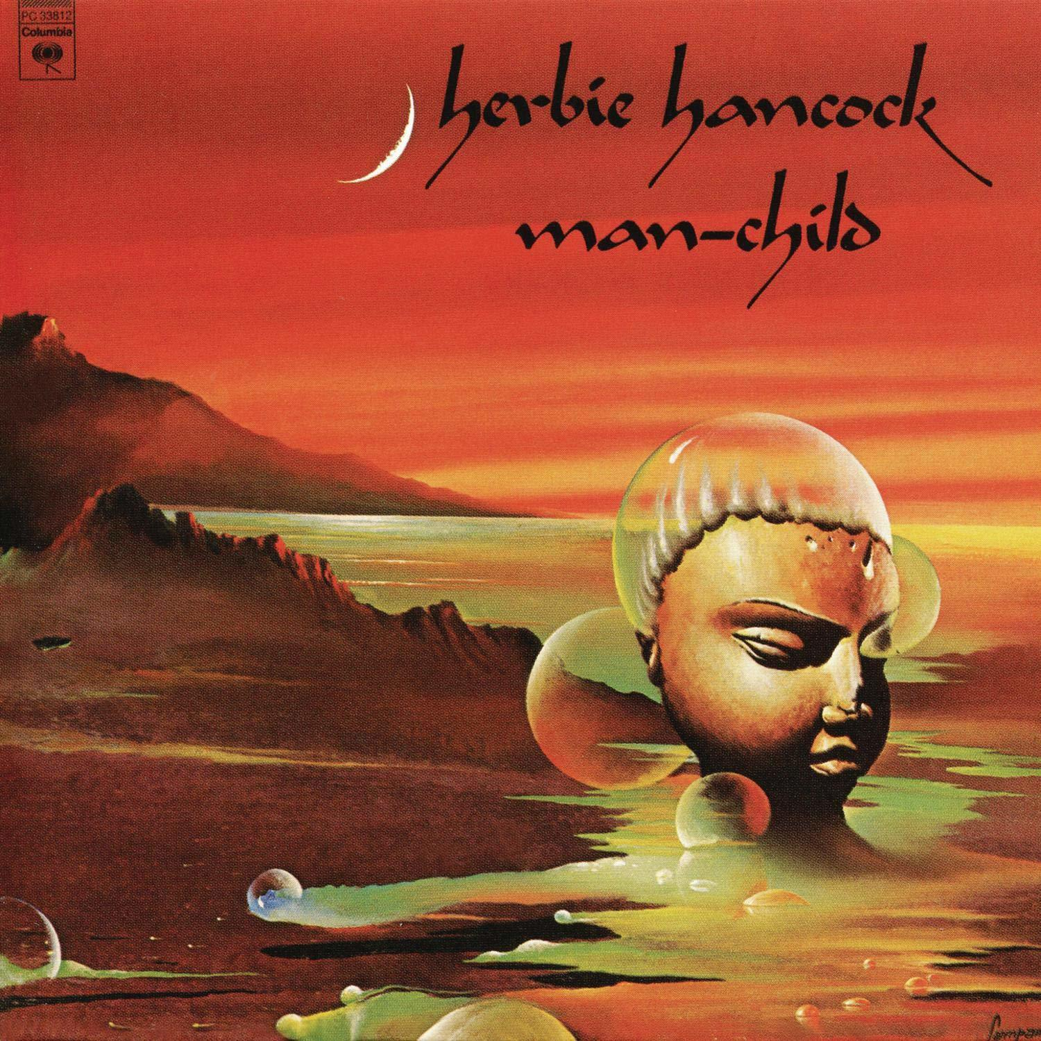 Album borító: Egy gyermek arca lebeg a vízben, buborékokkal és tájjal. A cím: 'Herbie Hancock Man-Child'.